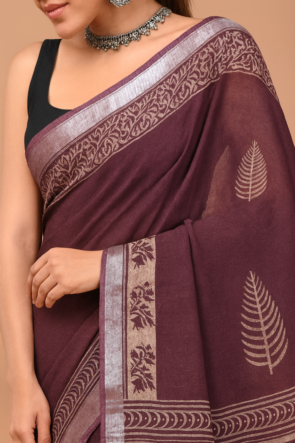 Elegant Brown Printed Saree with Silver Border & Ethnic Motif Design