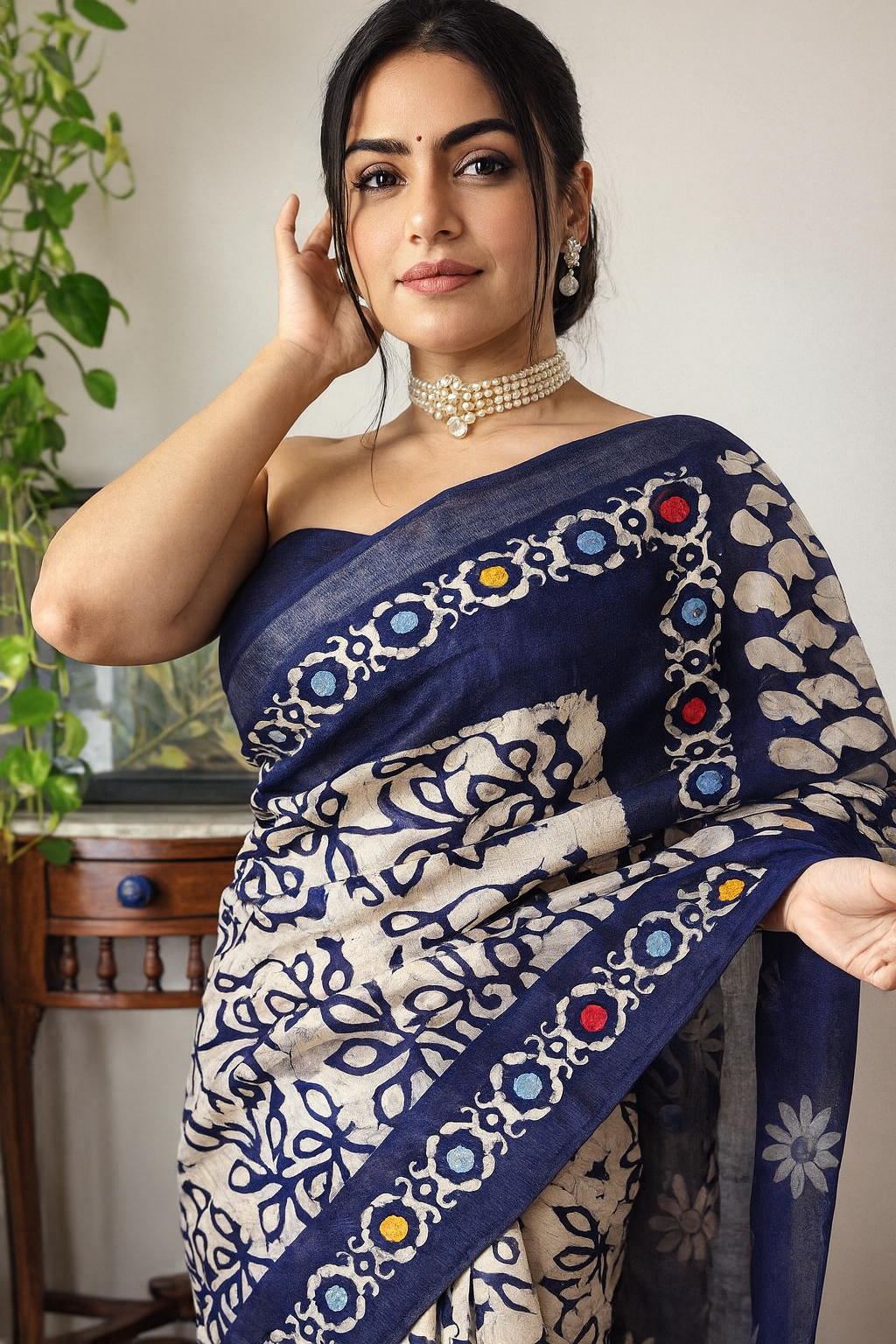 Navy Blue Floral Block Print Pure Linen Saree