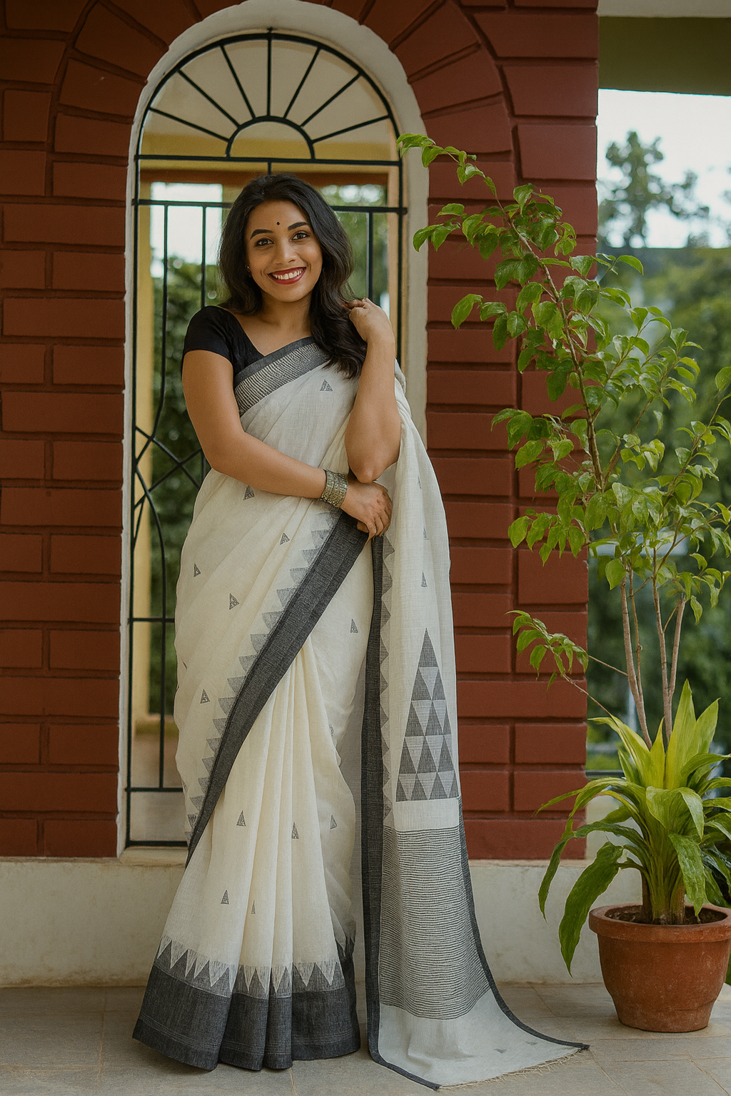 Elegant Off-White & Charcoal Linen Cotton Saree