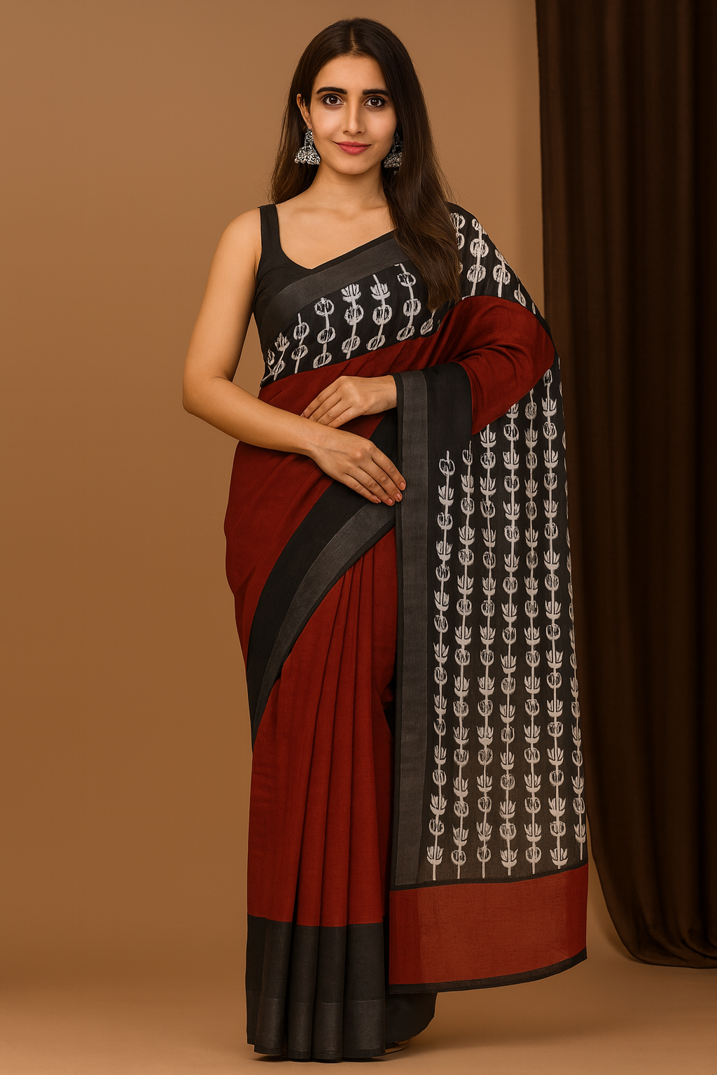 Maroon & Black Linen Cotton Saree with Motifs