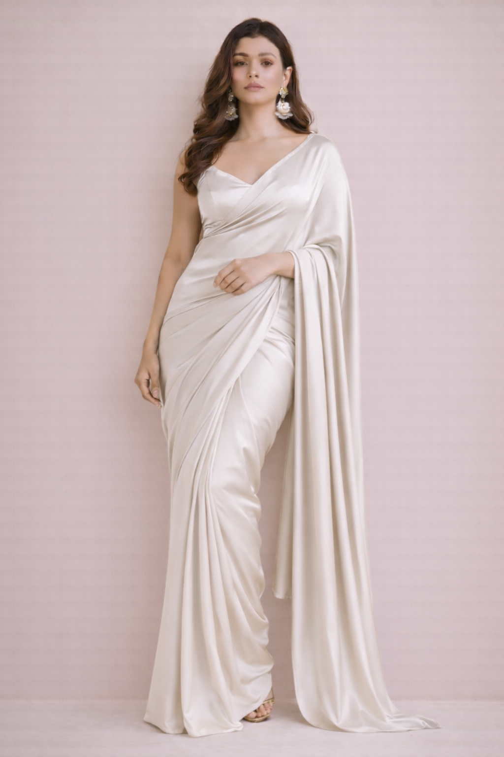 Ivory White Solid Silk Saree with Elegant Fluid Drape