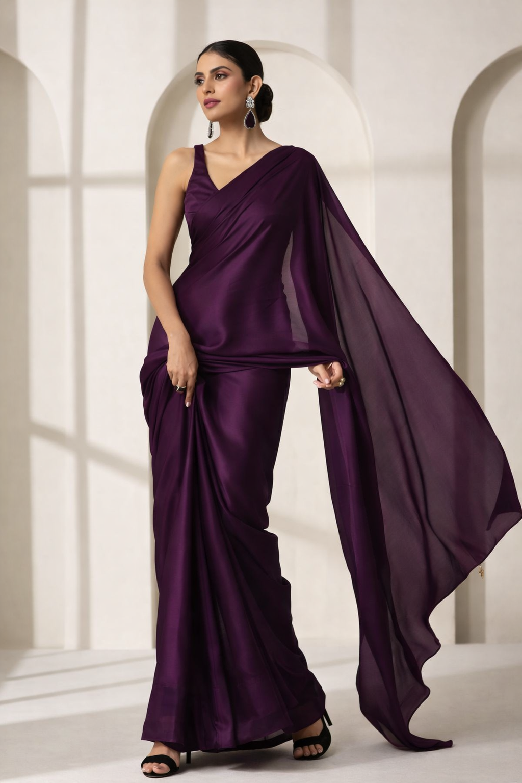 Royal Plum Solid Silk Saree with Sheer Pallu