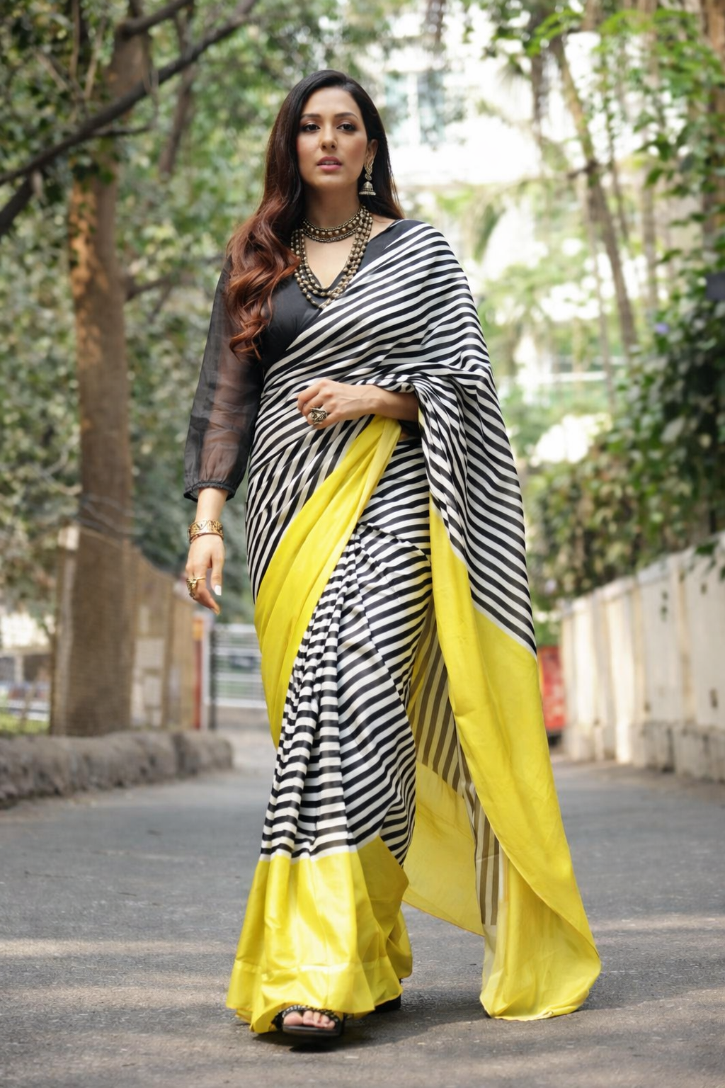 Black & White Striped Silk Saree with Lime Yellow Border