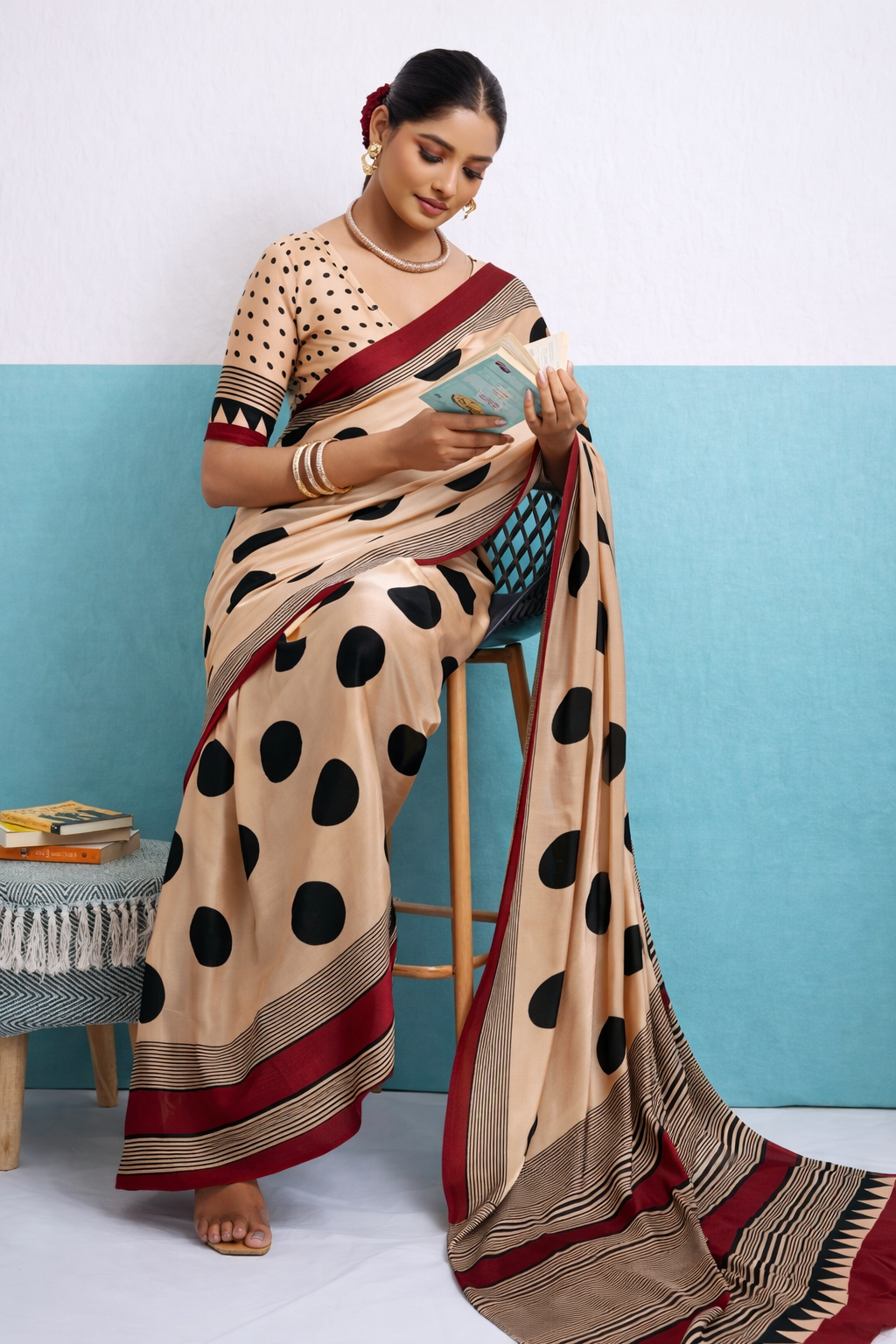 Beige Polka Dot Silk Saree with Maroon Border