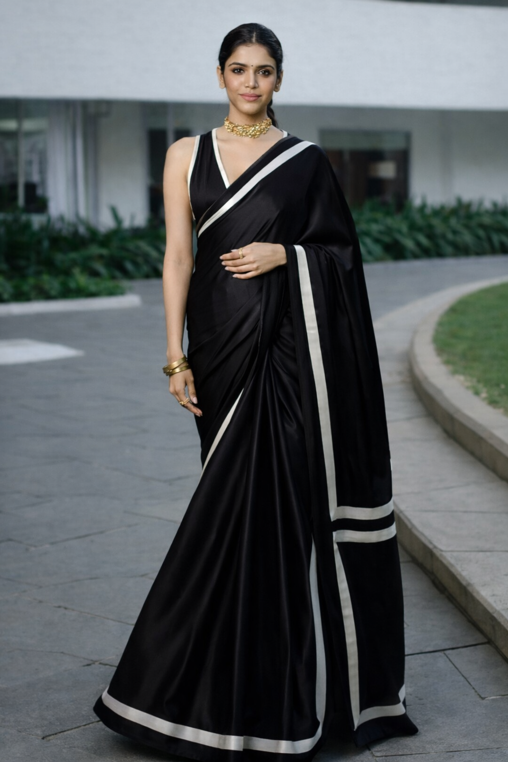 Black Solid Silk Saree with White Border