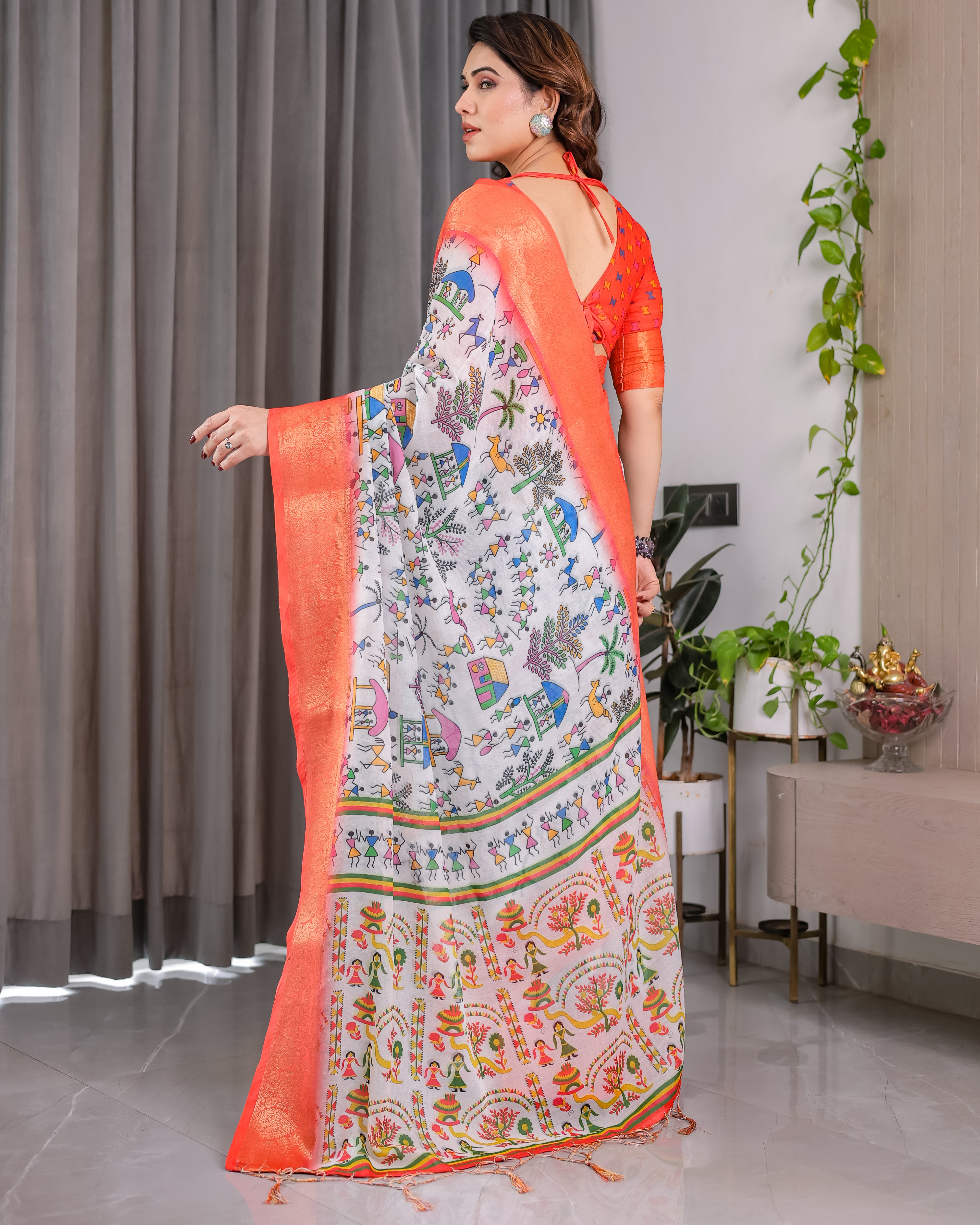Pure Handloom Linen Saree with Floral Print & Zari Border