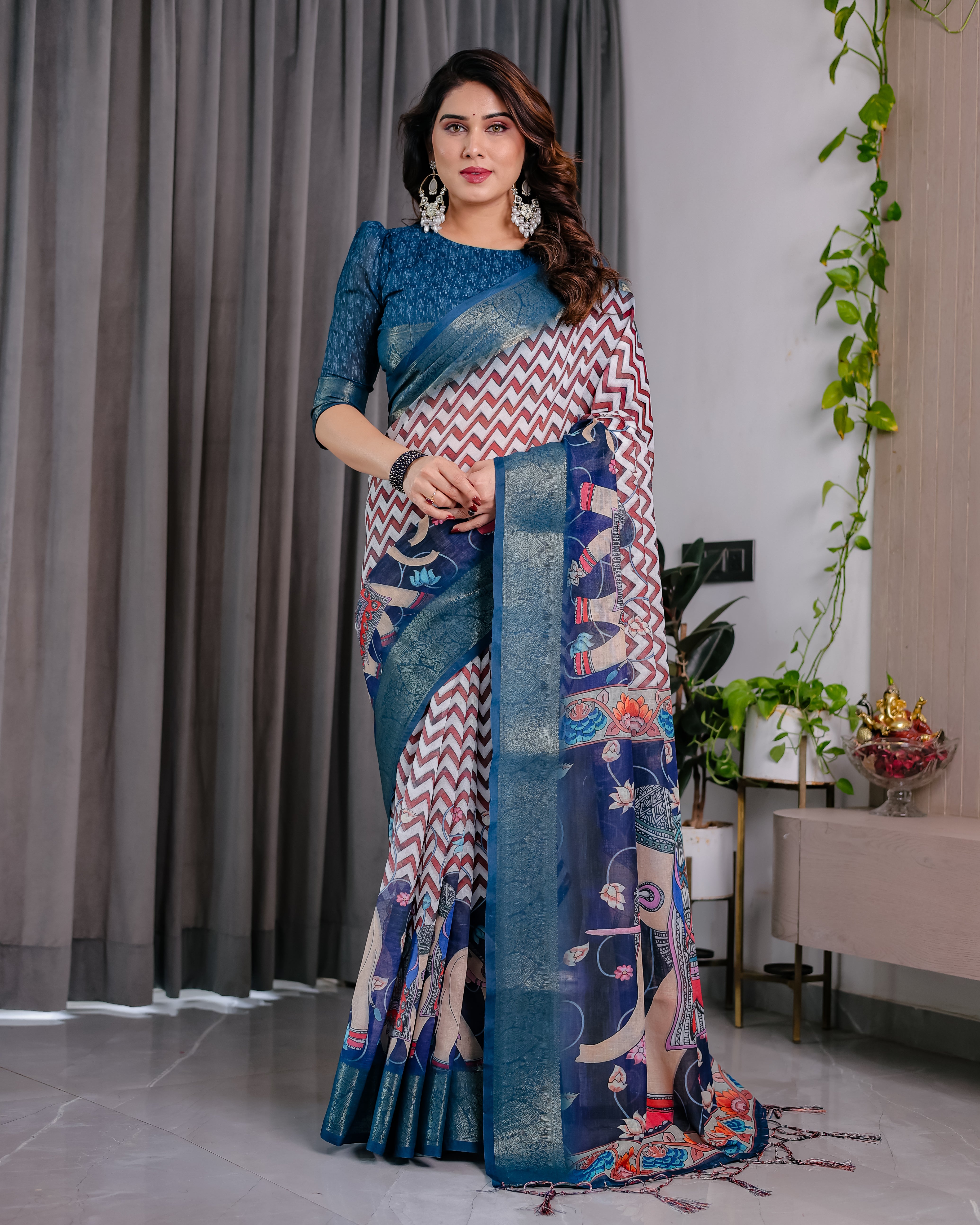 Pure Handloom Linen Saree with Floral Print & Zari Border | Elegant Ethnic Wear for Festive & Casual Styling