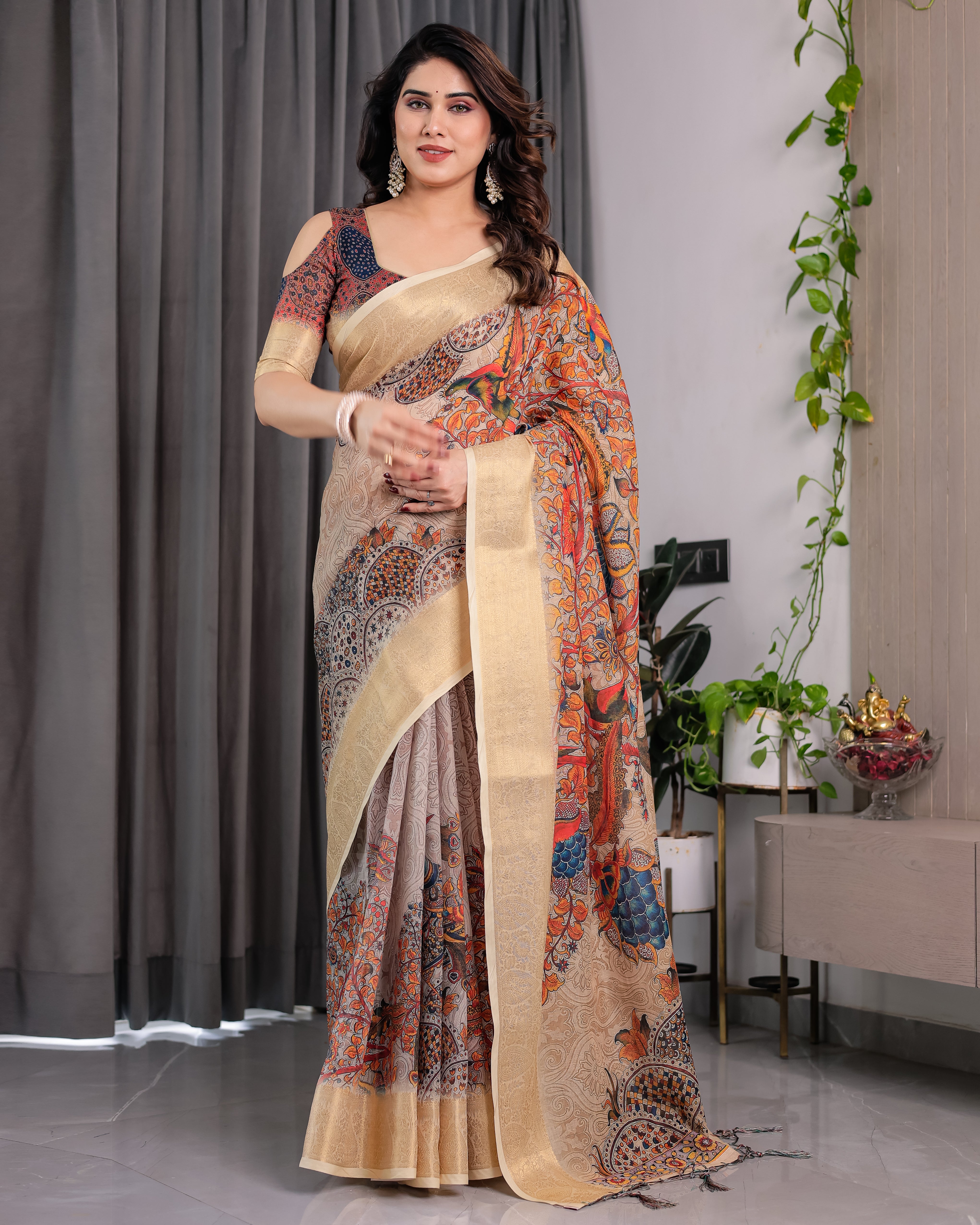 Pure Handloom Linen Saree with Floral Print & Zari Border | Elegant Ethnic Wear for Festive & Casual Styling