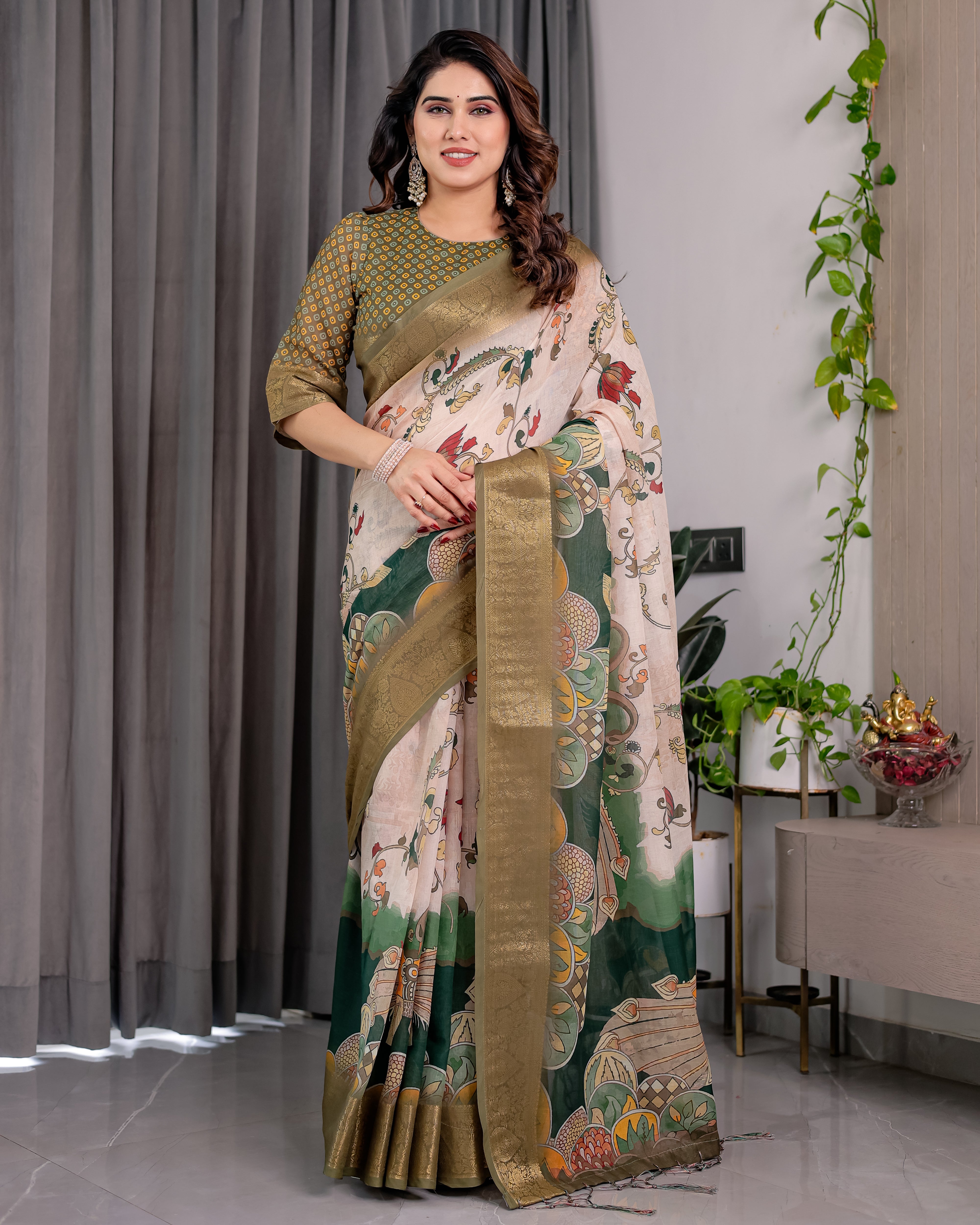 Pure Handloom Linen Saree with Floral Print & Zari Border | Elegant Ethnic Wear for Festive & Casual Styling