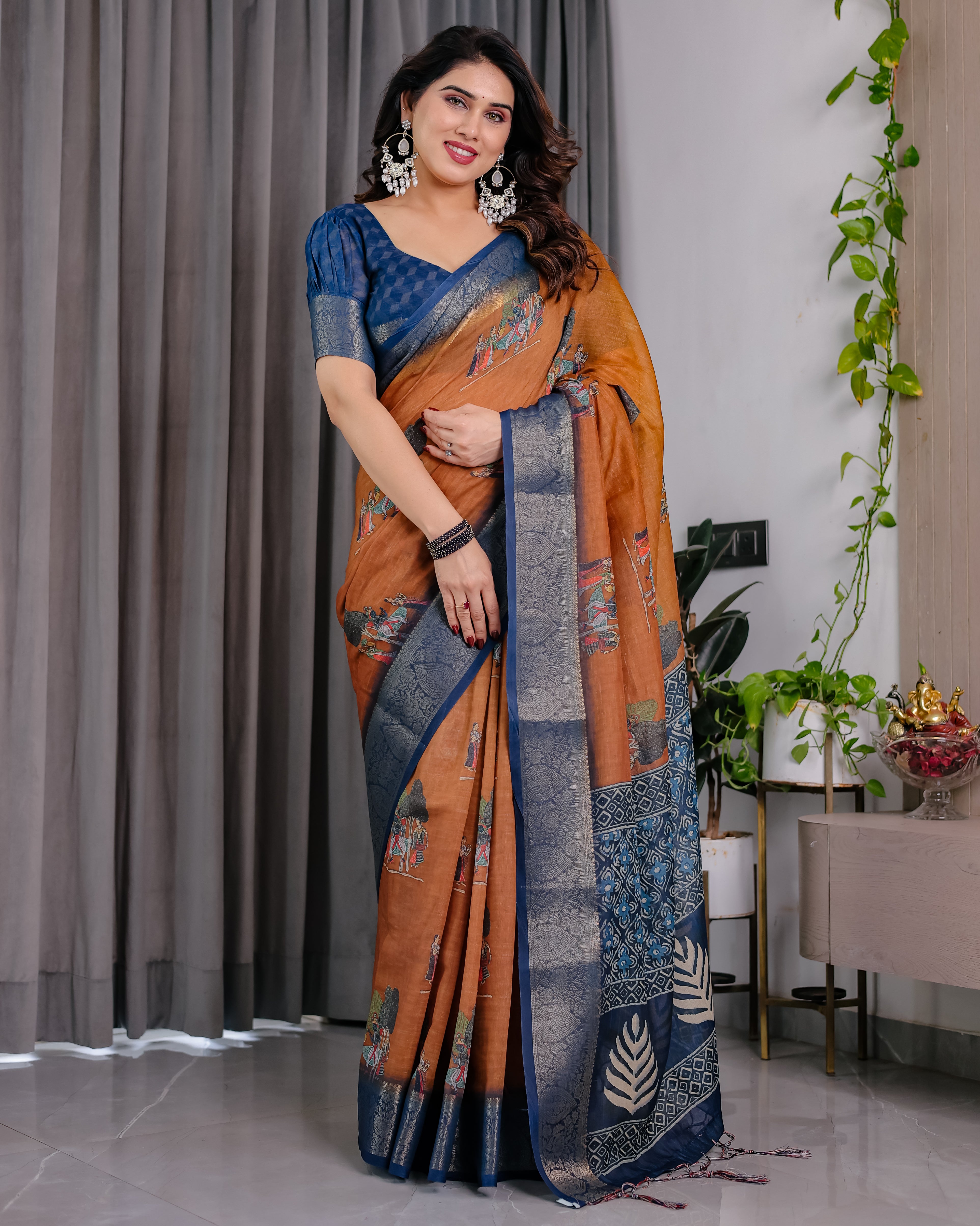 Pure Handloom Linen Saree with Floral Print & Zari Border | Elegant Ethnic Wear for Festive & Casual Styling