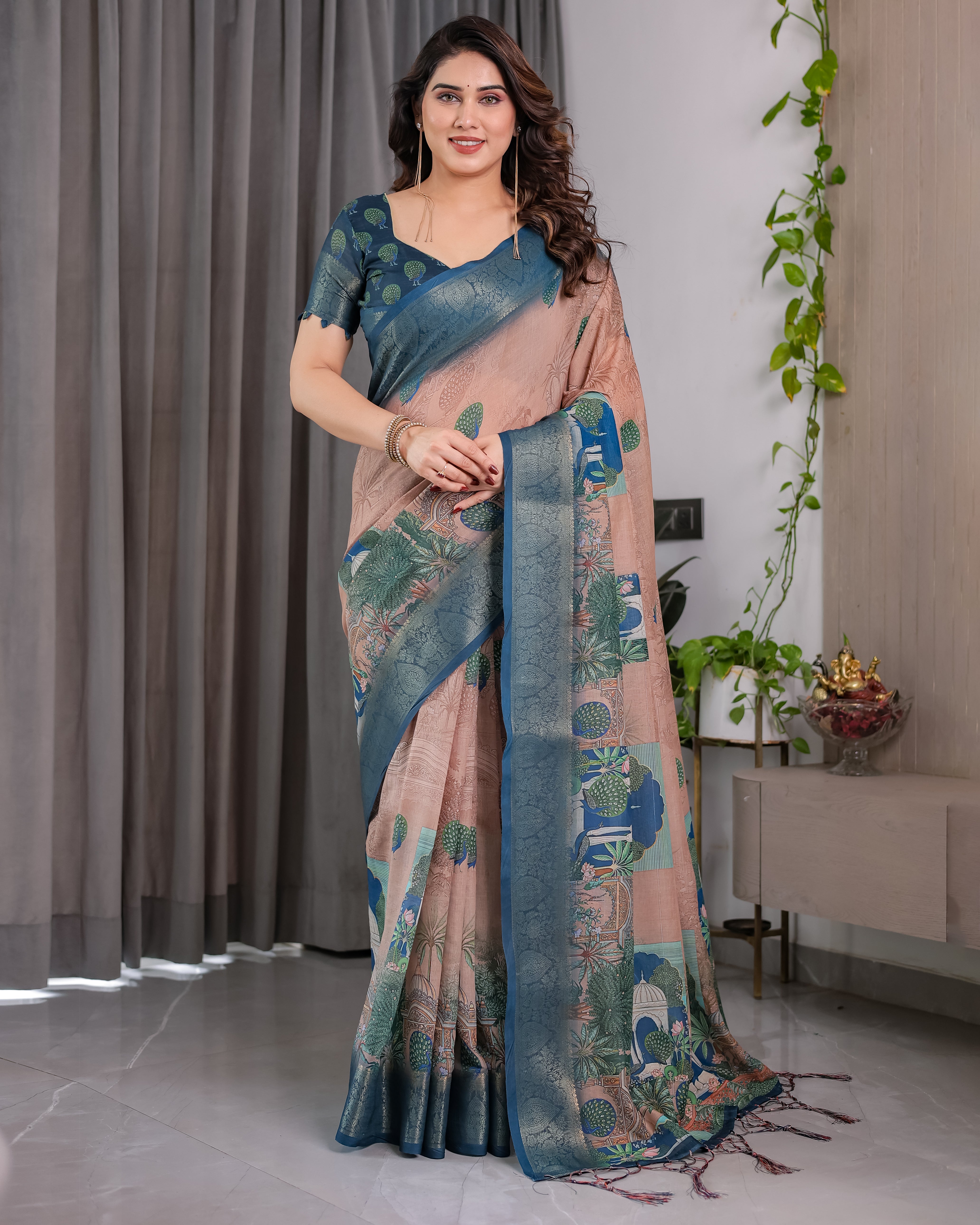 Pure Handloom Linen Saree with Floral Print & Zari Border | Elegant Ethnic Wear for Festive & Casual Styling