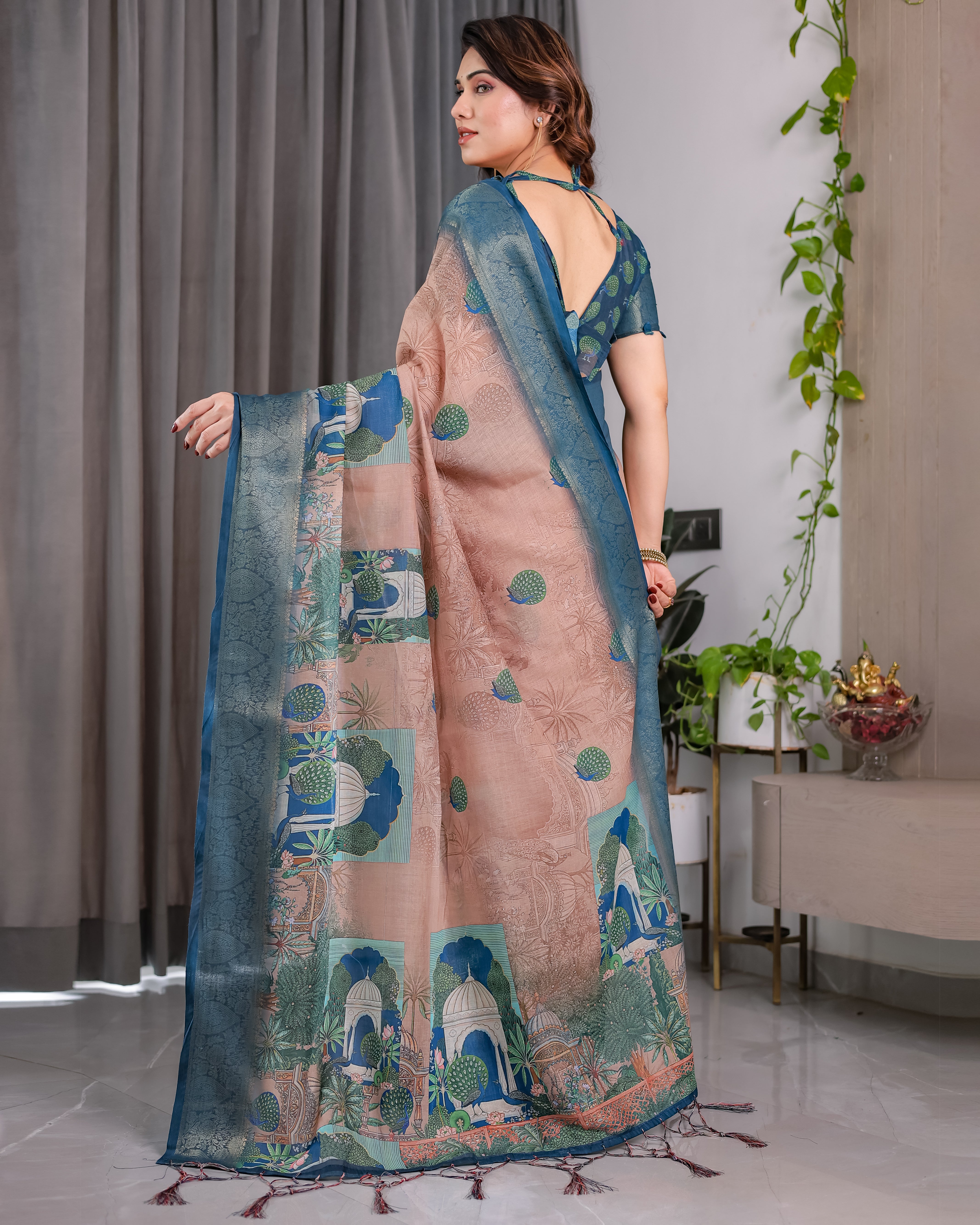 Pure Handloom Linen Saree with Floral Print & Zari Border | Elegant Ethnic Wear for Festive & Casual Styling