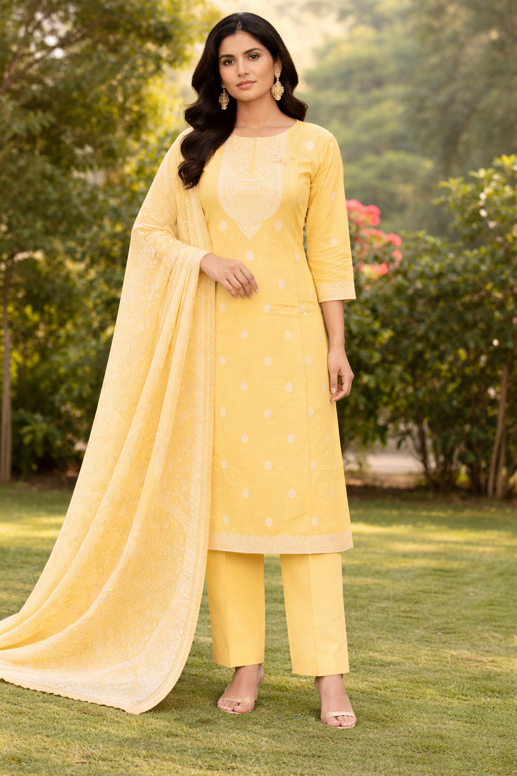 Yellow Cotton Jacquard 3-Piece Suit Set for Women