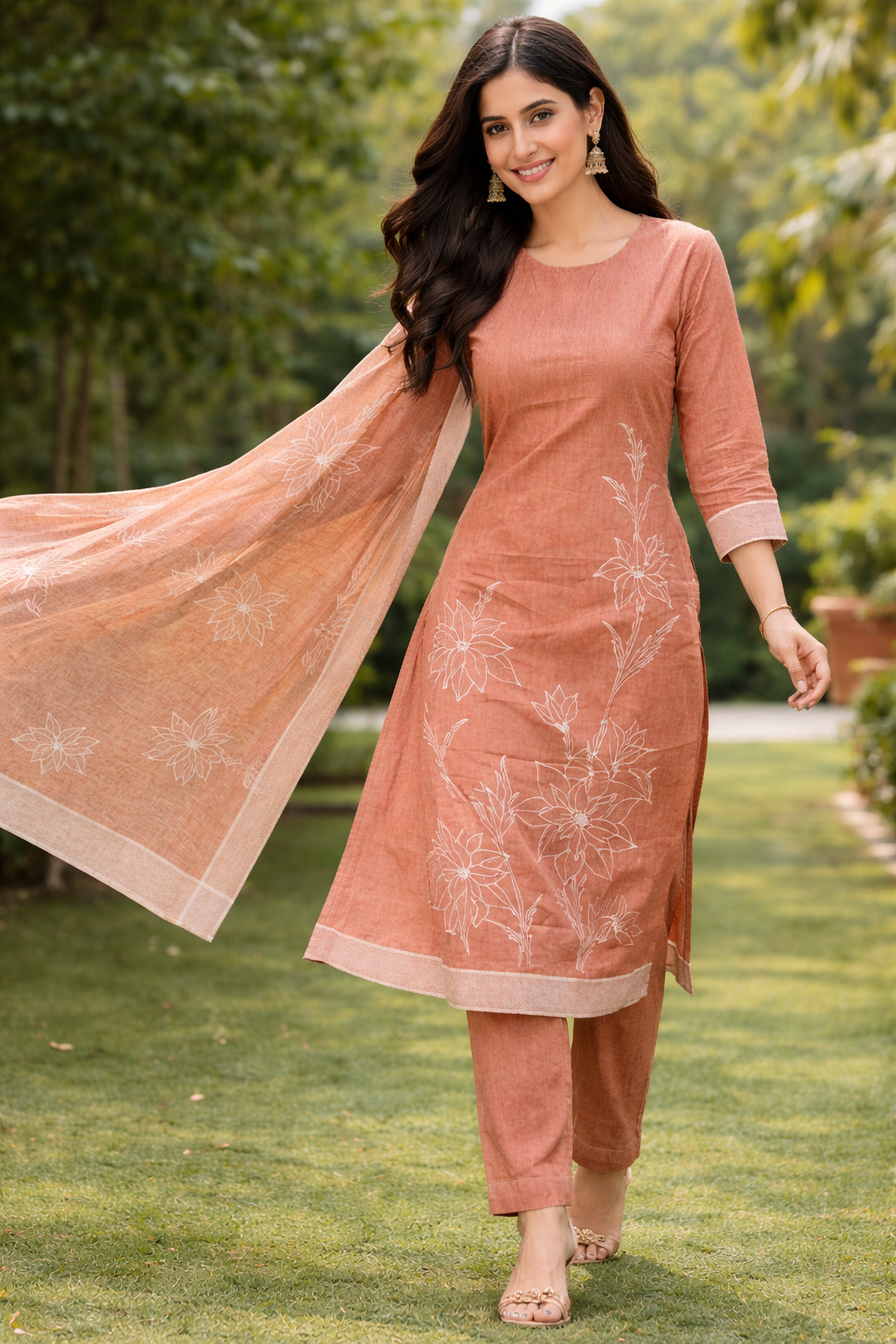 Rust Cotton Jacquard 3-Piece Suit Set for Women