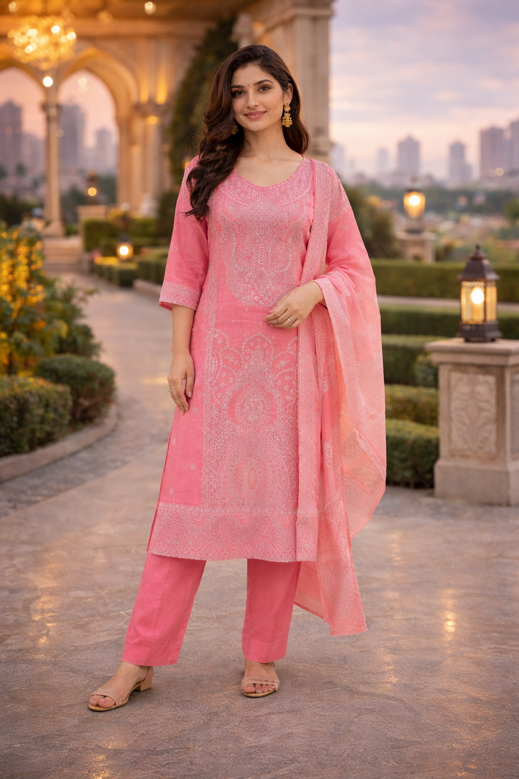 Pink Cotton Jacquard 3-Piece Suit Set for Women