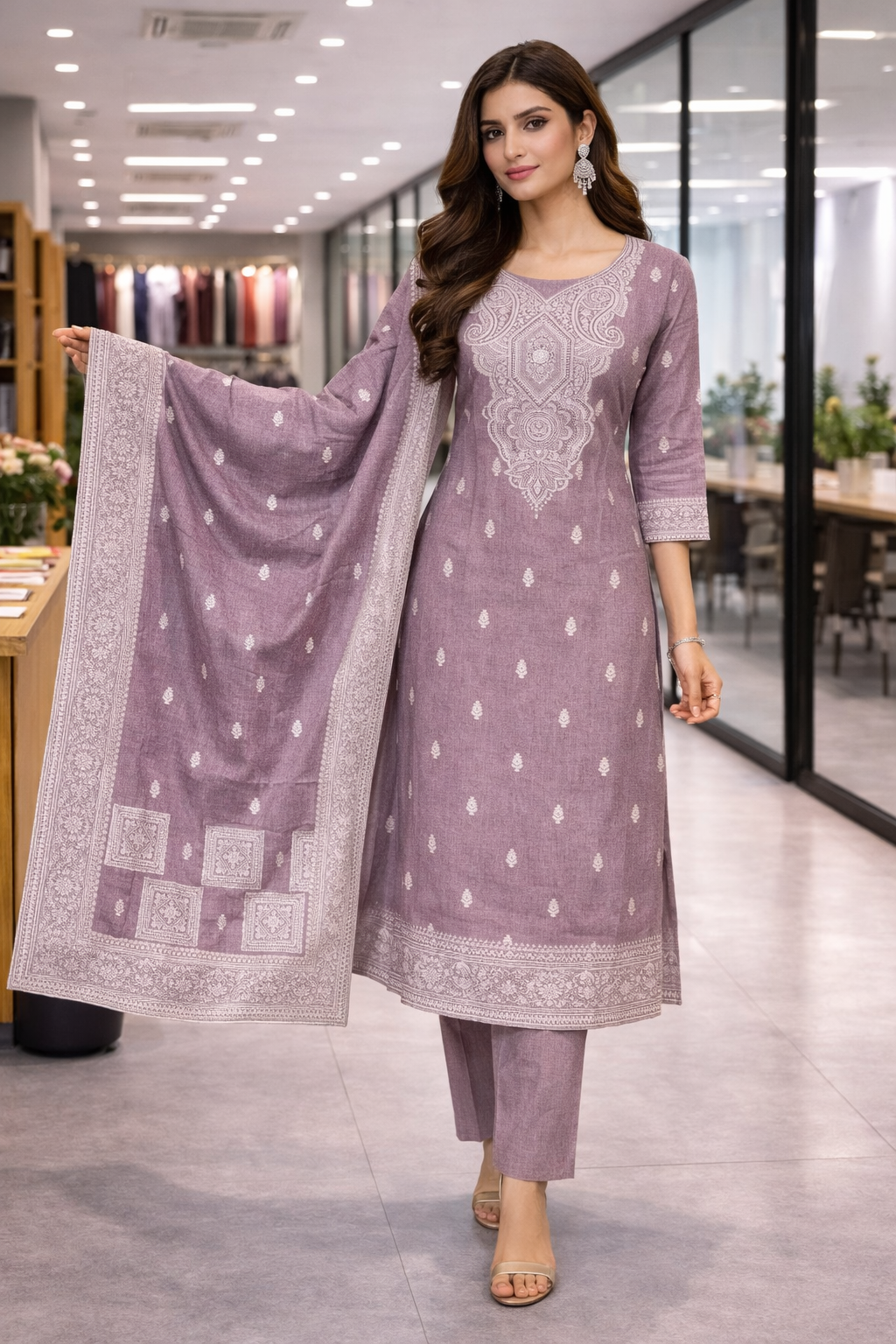 Purple Cotton Jacquard 3-Piece Suit Set for Women