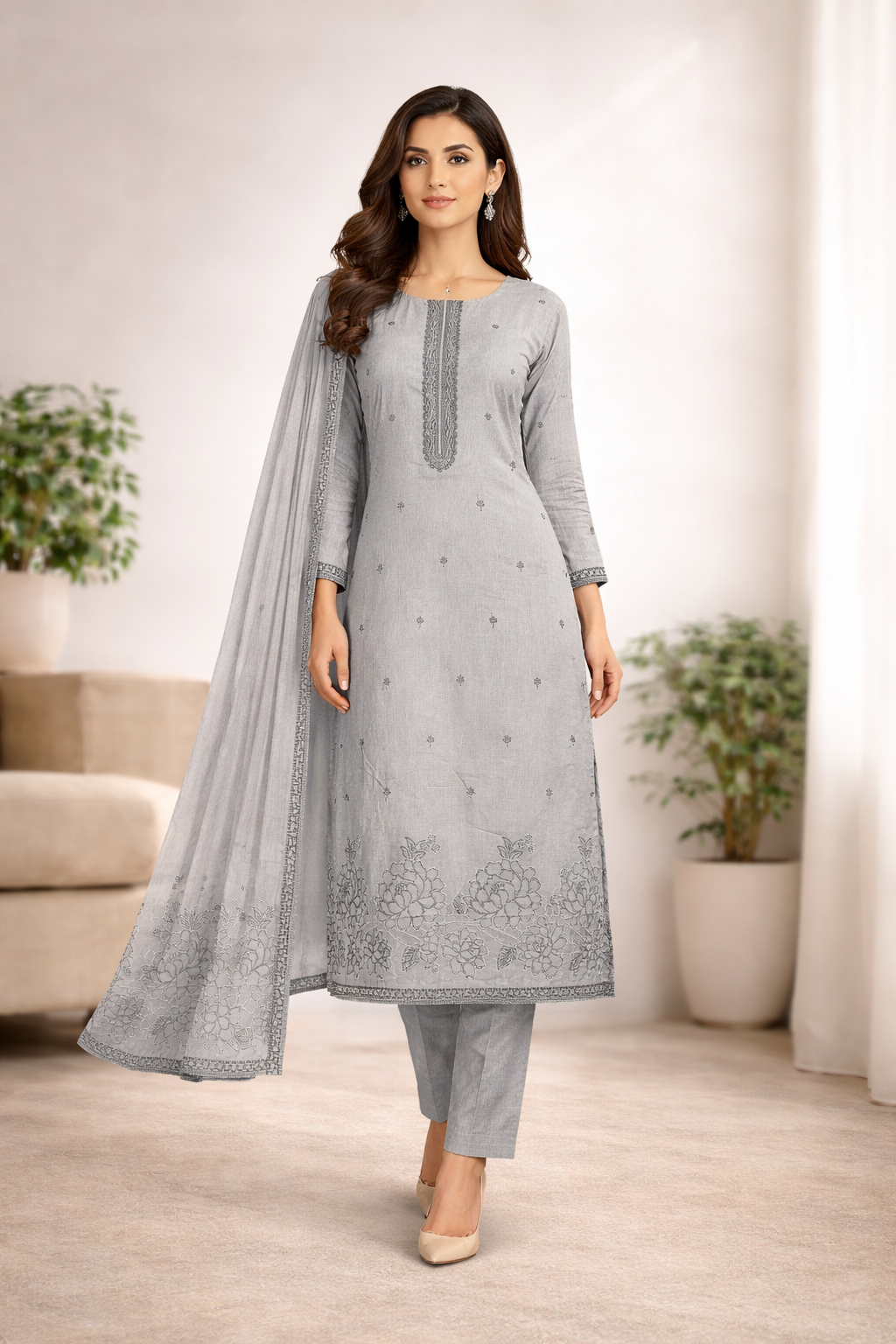 Grey Cotton Jacquard 3-Piece Suit Set for Women