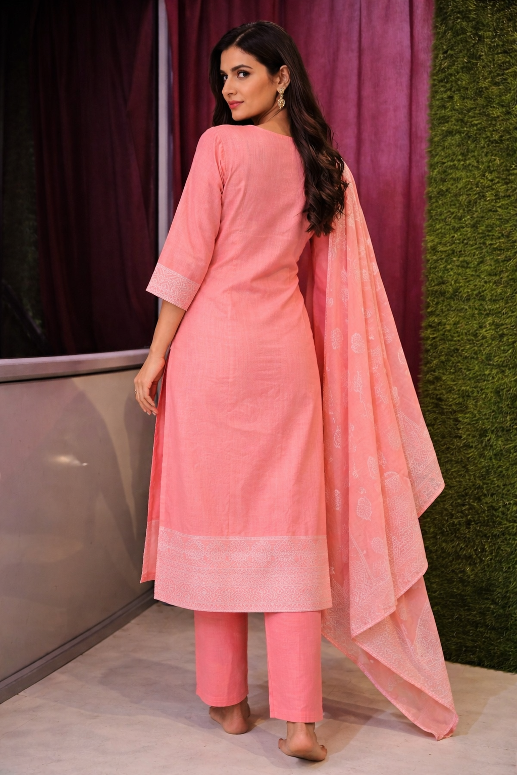Peach Cotton Jacquard 3-Piece Suit Set for Women