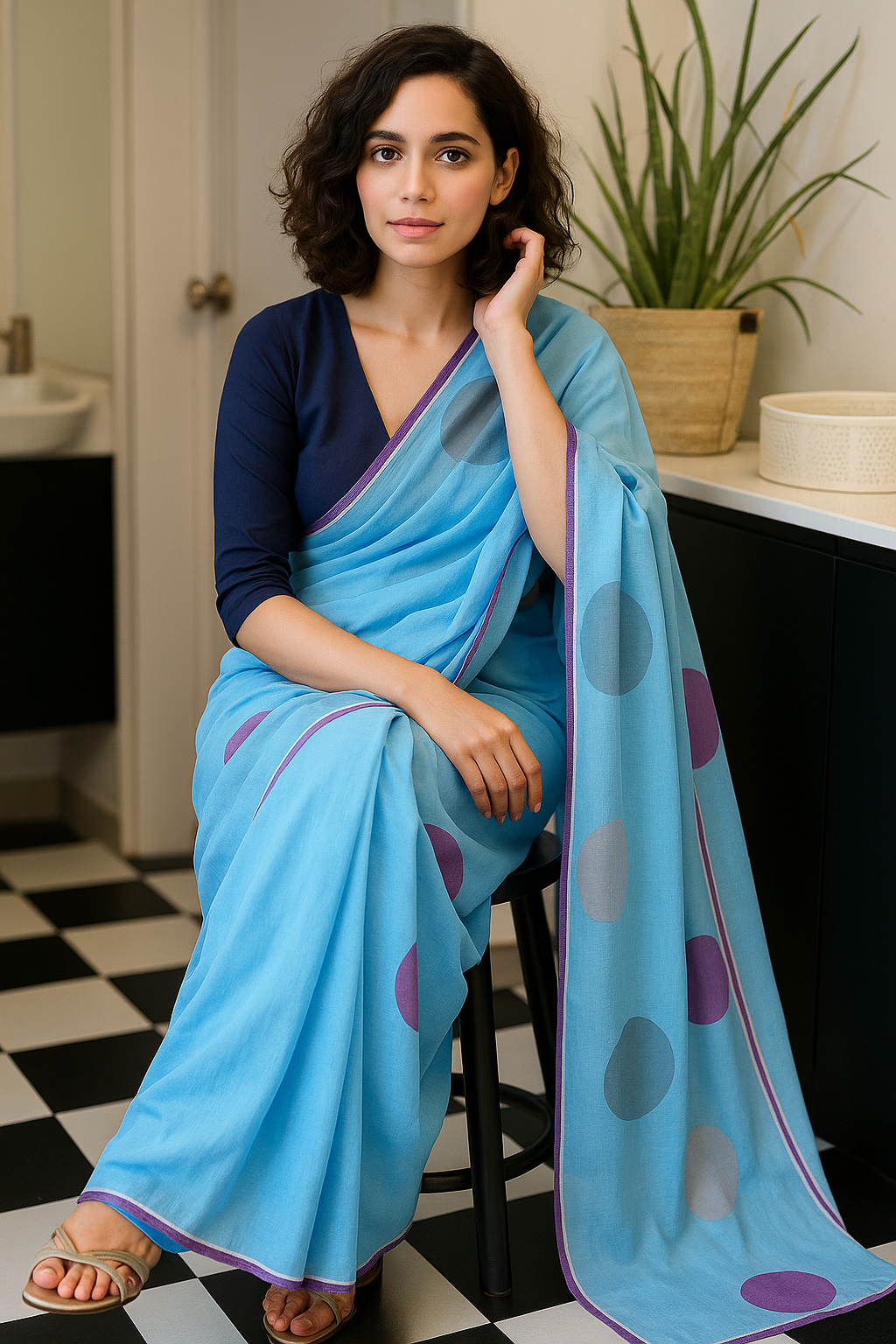 Soft Cotton Linen Saree in Sky Blue with Polka Dots | Everyday Wear