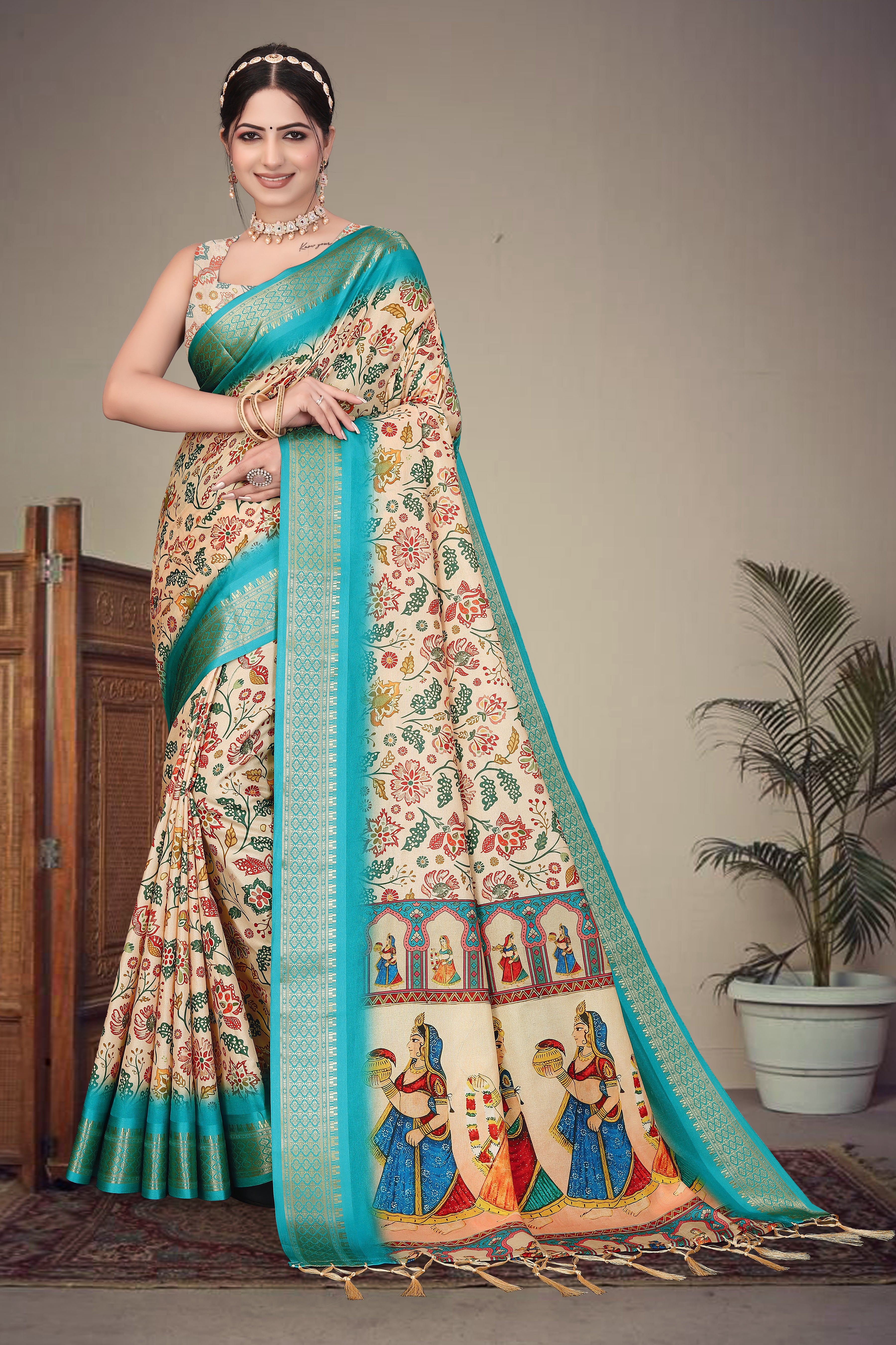 Digital Print Cotton Silk Saree with Heavy Border & Fancy Latkan