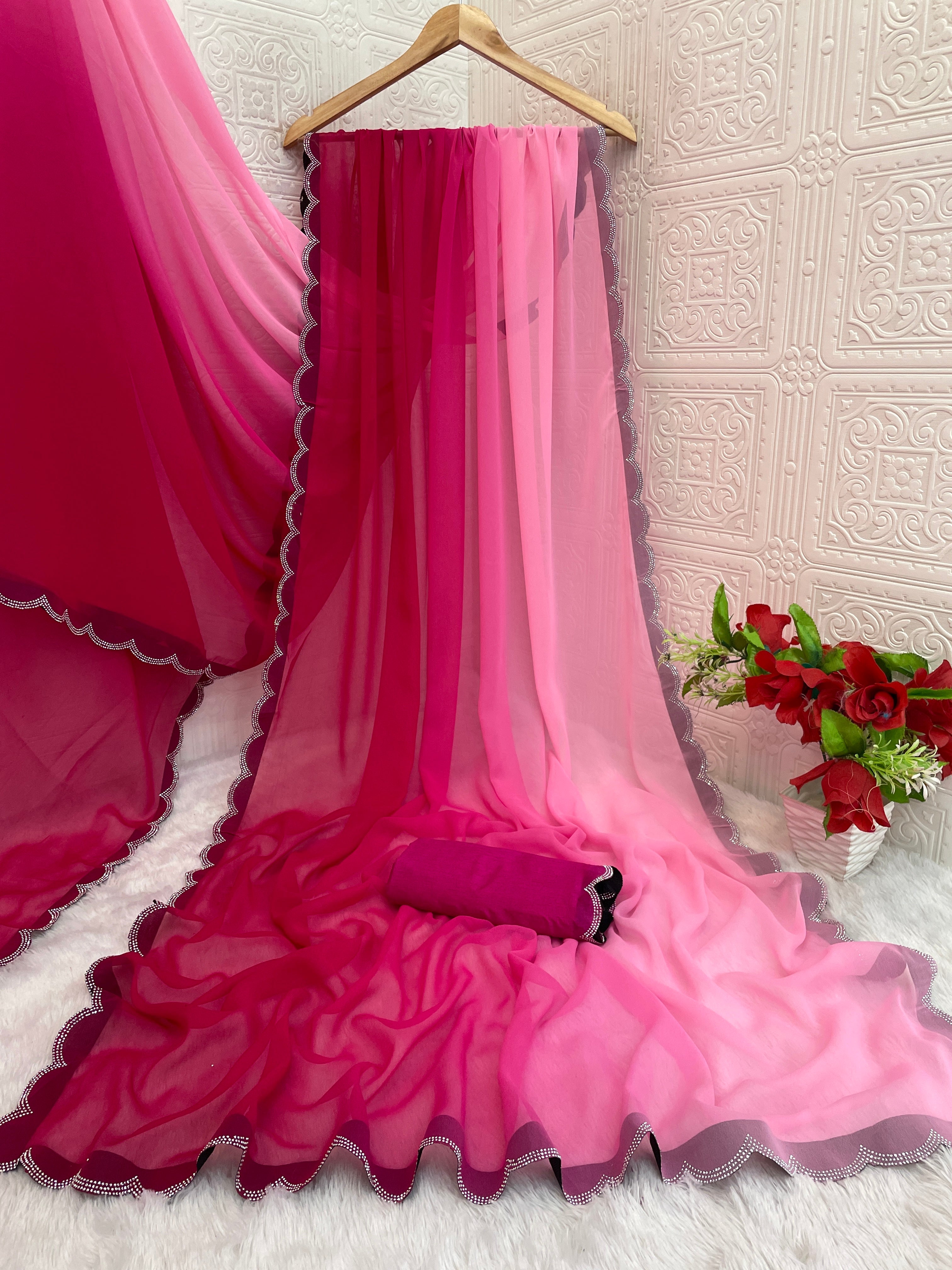 Pure Georgette Saree with Swarovski Cut Work & Fancy Lace Border | Elegant Party & Festive Wear