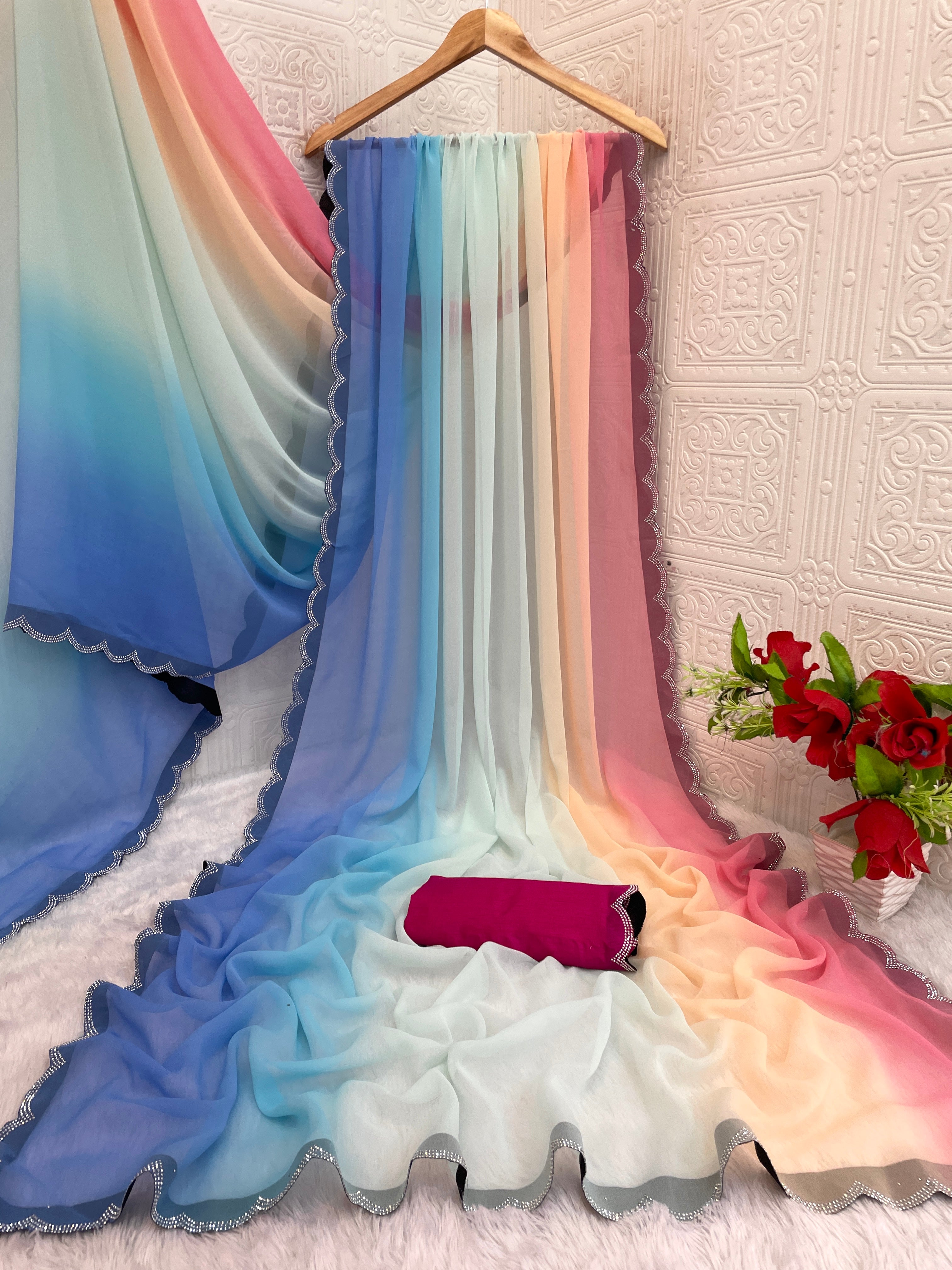 Pure Georgette Saree with Swarovski Cut Work & Fancy Lace Border | Elegant Party & Festive Wear