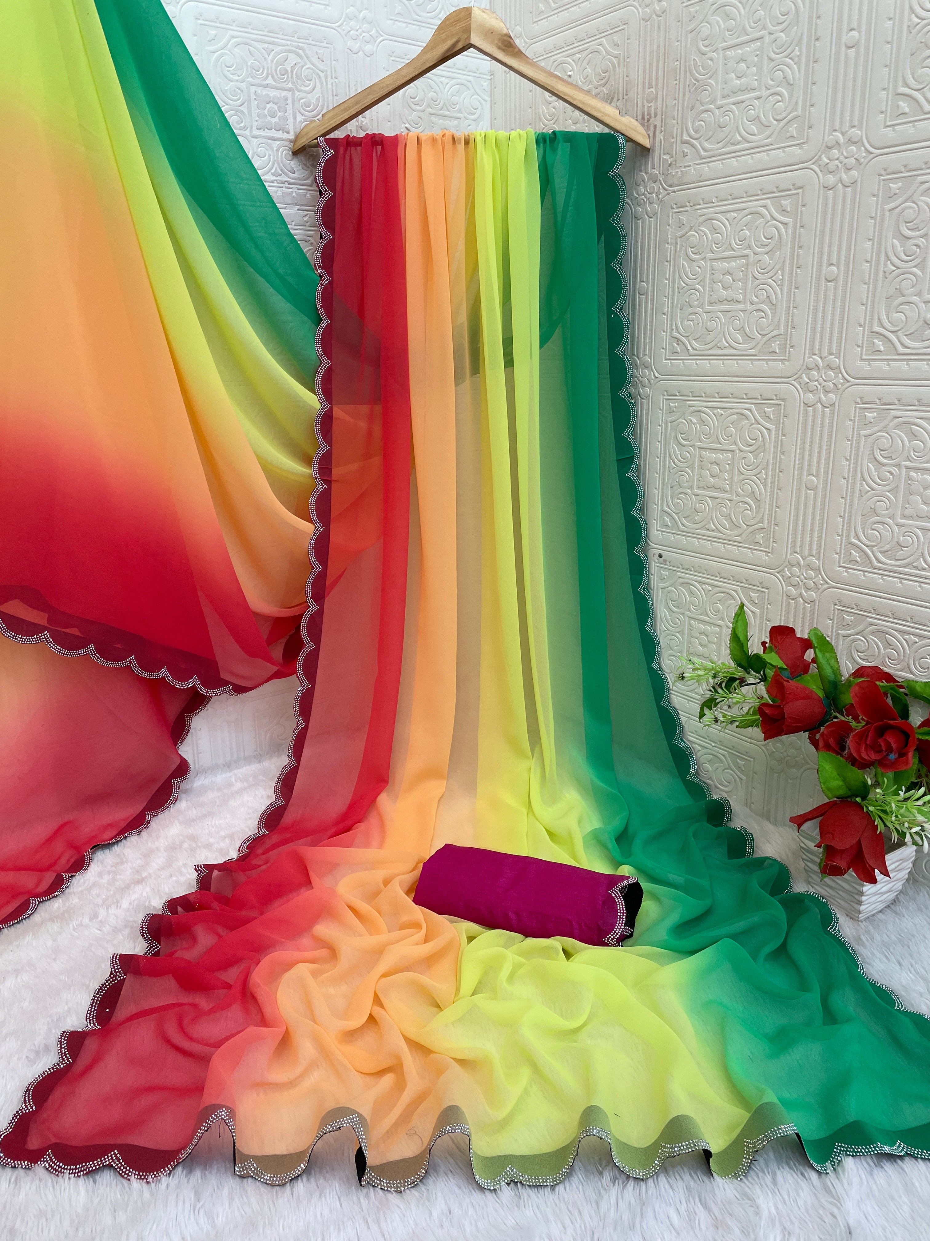 Pure Georgette Saree with Swarovski Cut Work & Fancy Lace Border | Elegant Party & Festive Wear