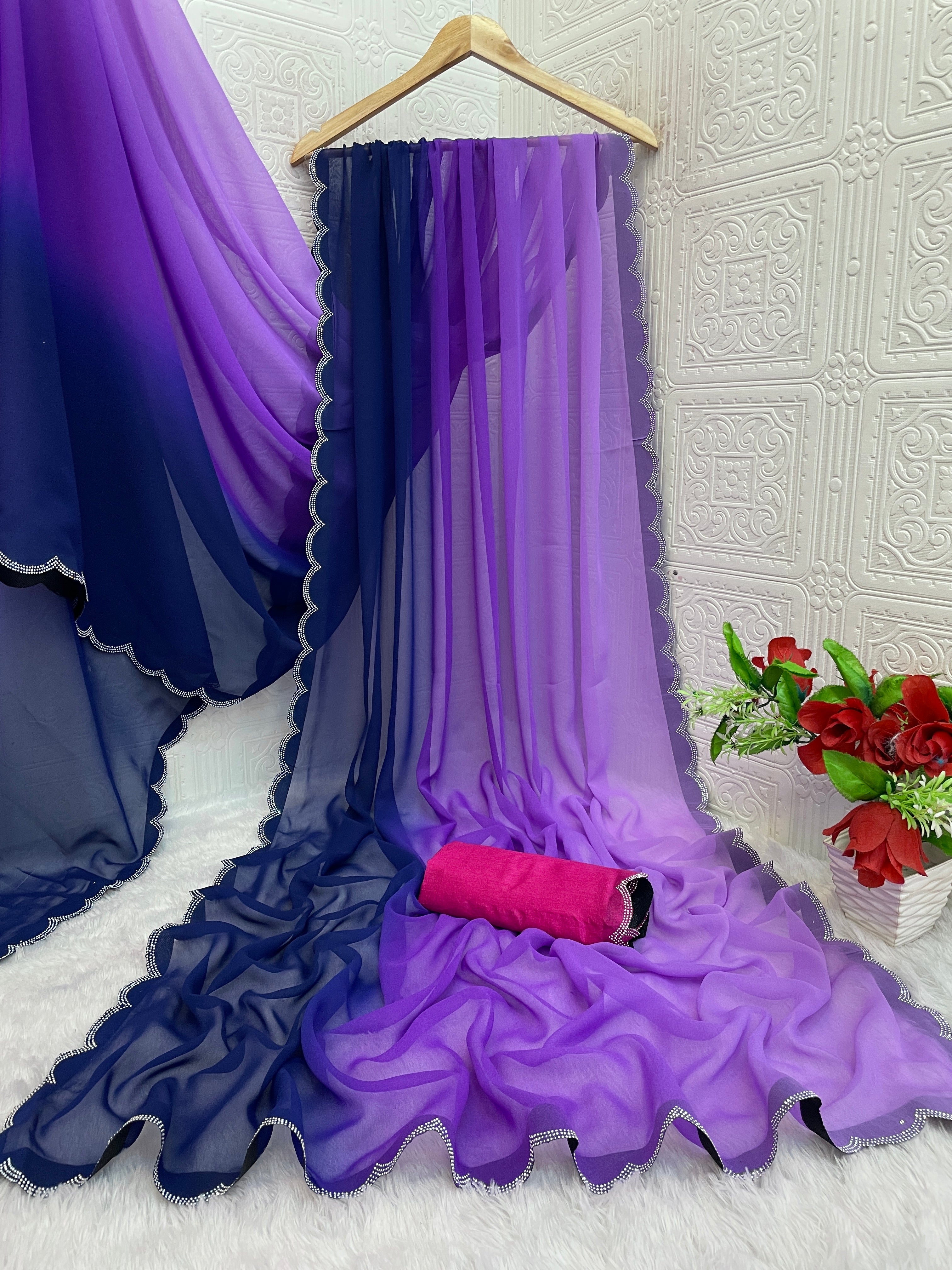 Pure Georgette Saree with Swarovski Cut Work & Fancy Lace Border | Elegant Party & Festive Wear