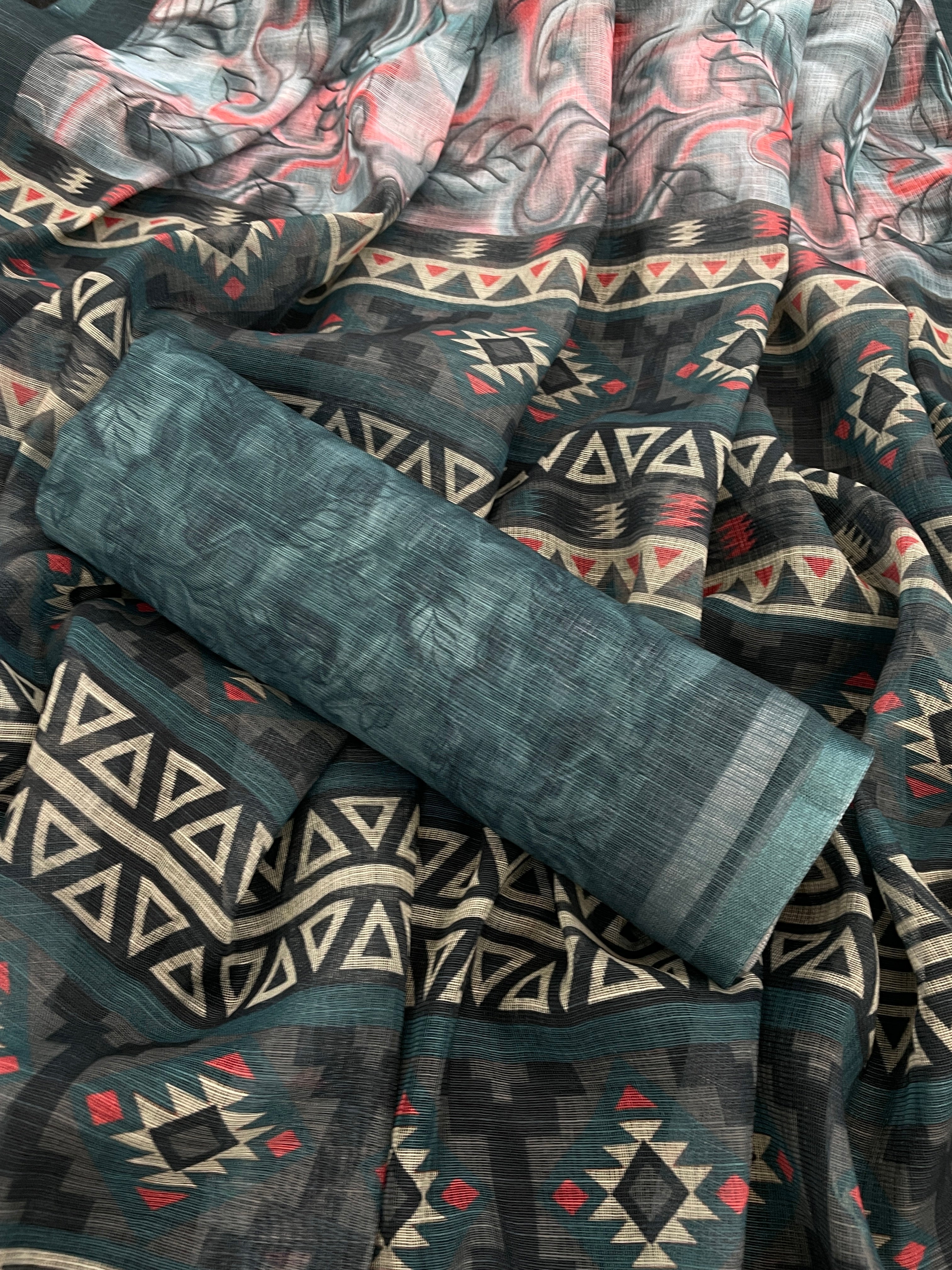 Handloom Linen Cotton Saree with Digital Print & Fancy Latkan
