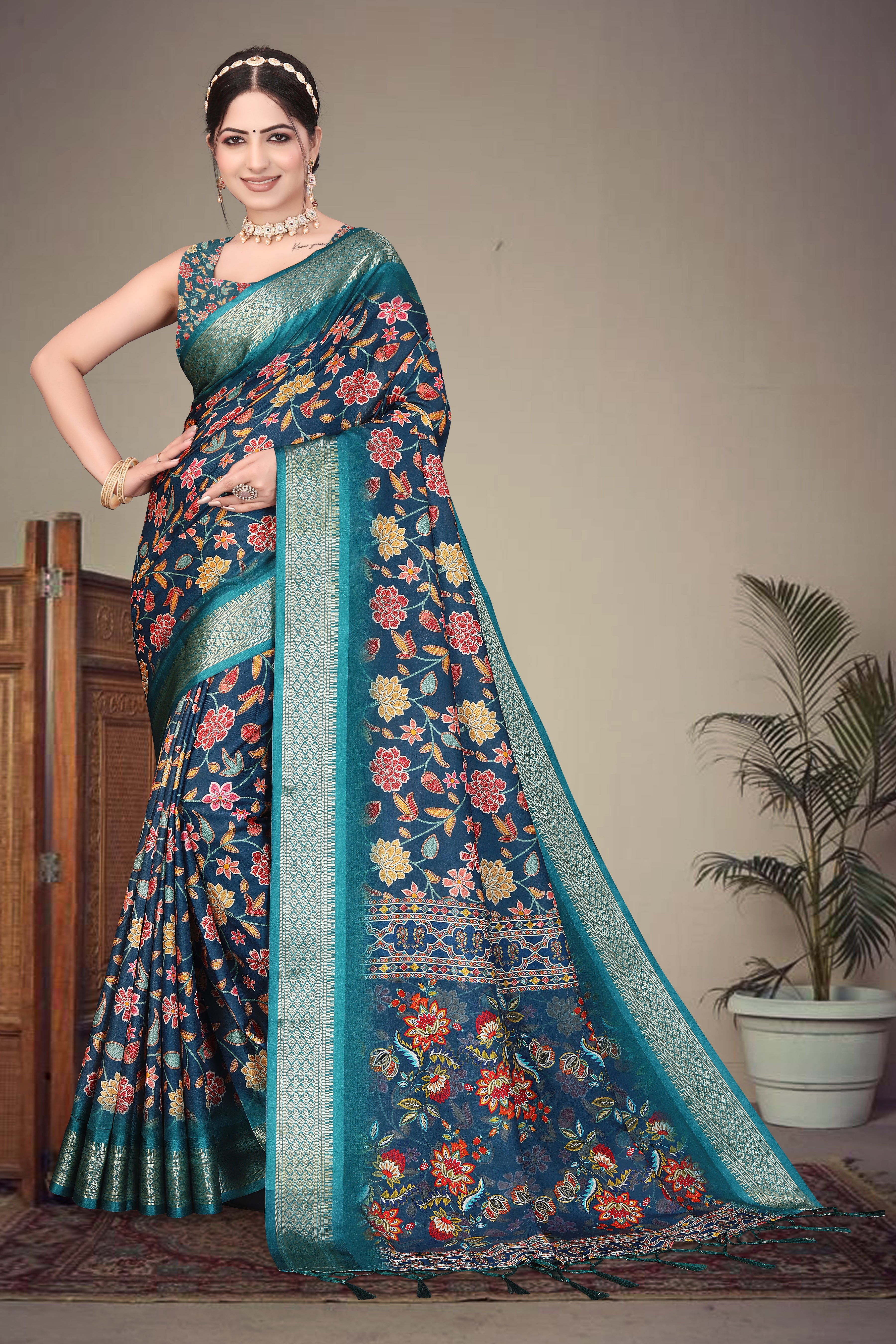 Digital Print Cotton Silk Saree with Heavy Border & Fancy Latkan