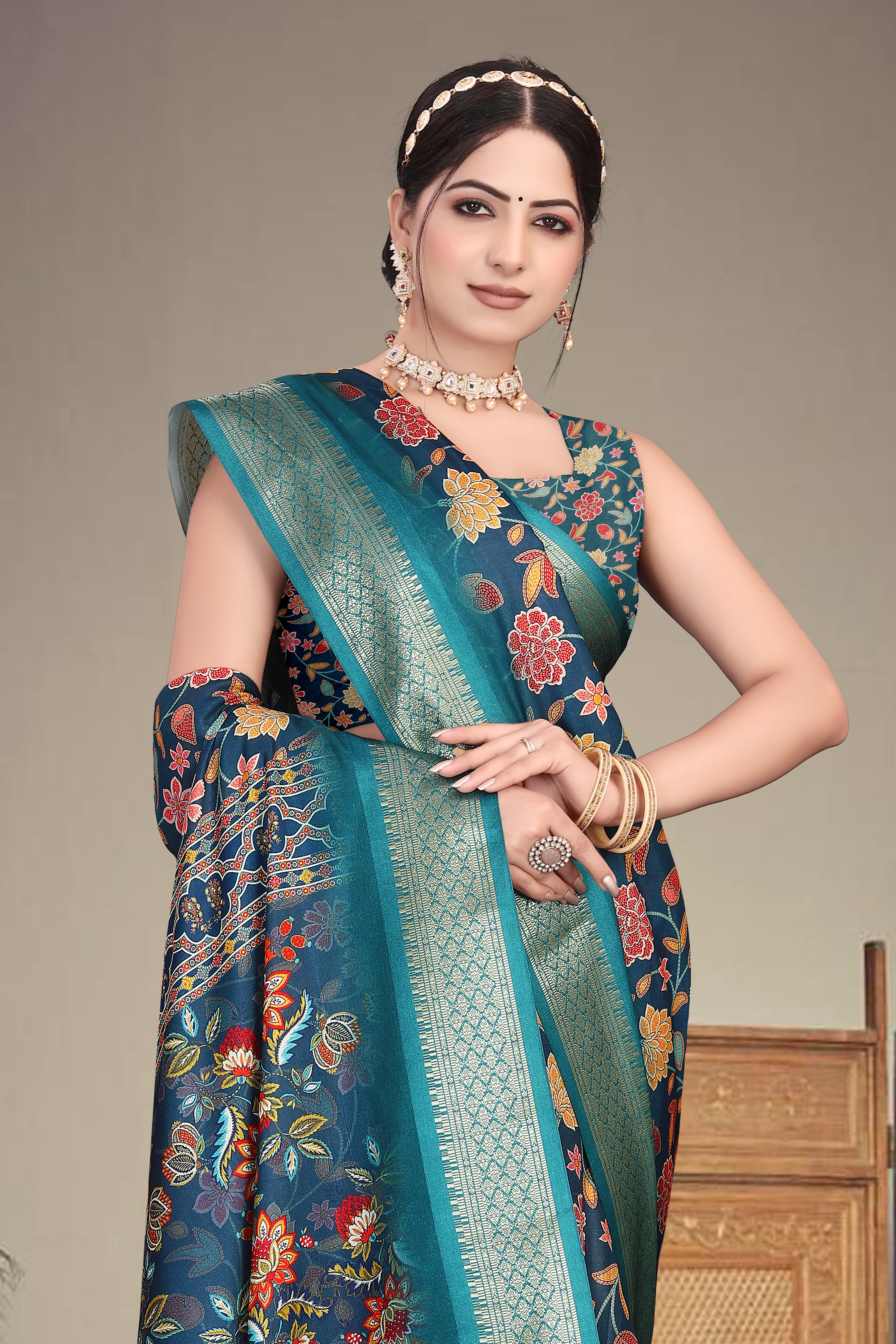 Digital Print Cotton Silk Saree with Heavy Border & Fancy Latkan