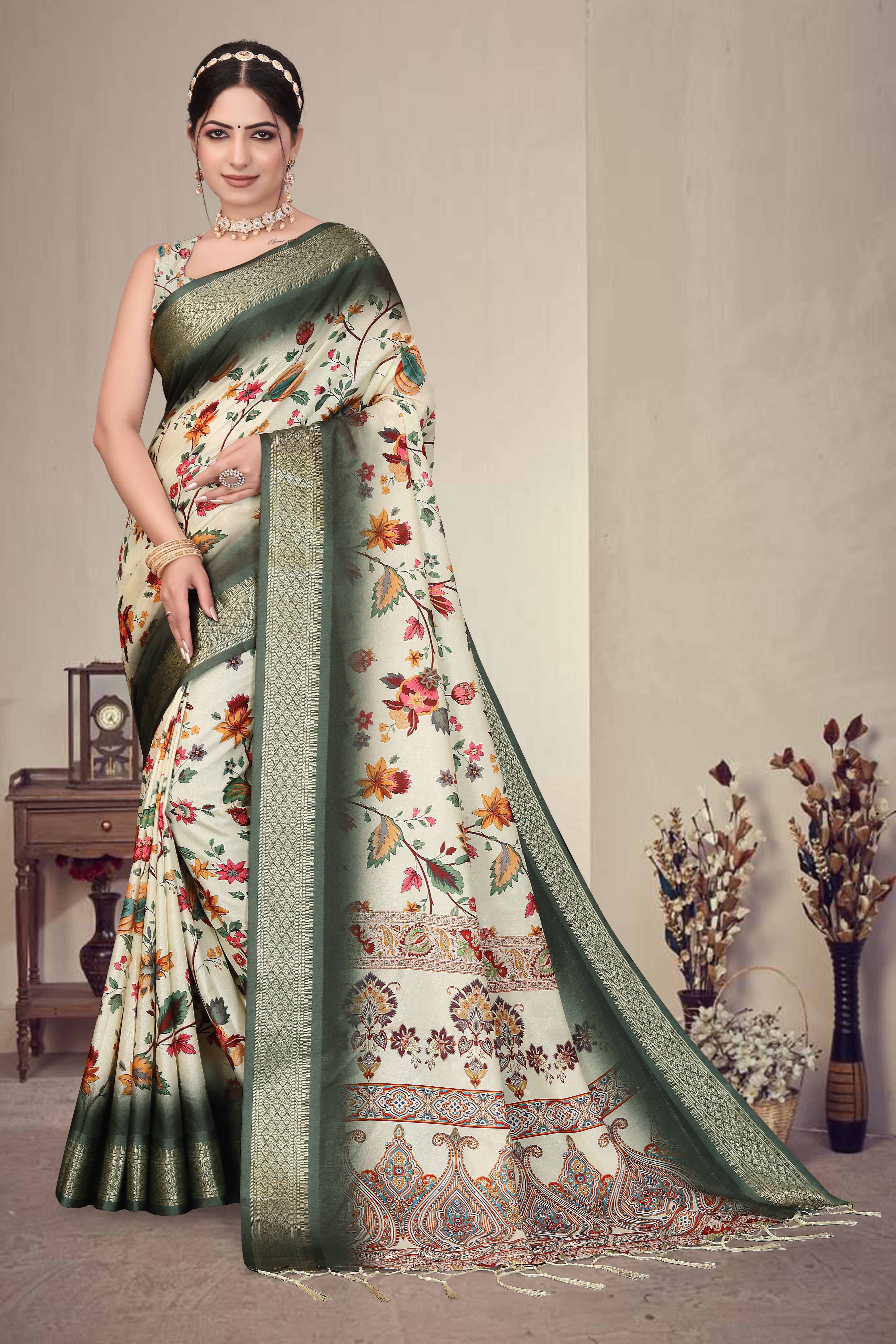 AXALI Digital Print Cotton Silk Saree with Heavy Jacquard Border & Fancy Latkan