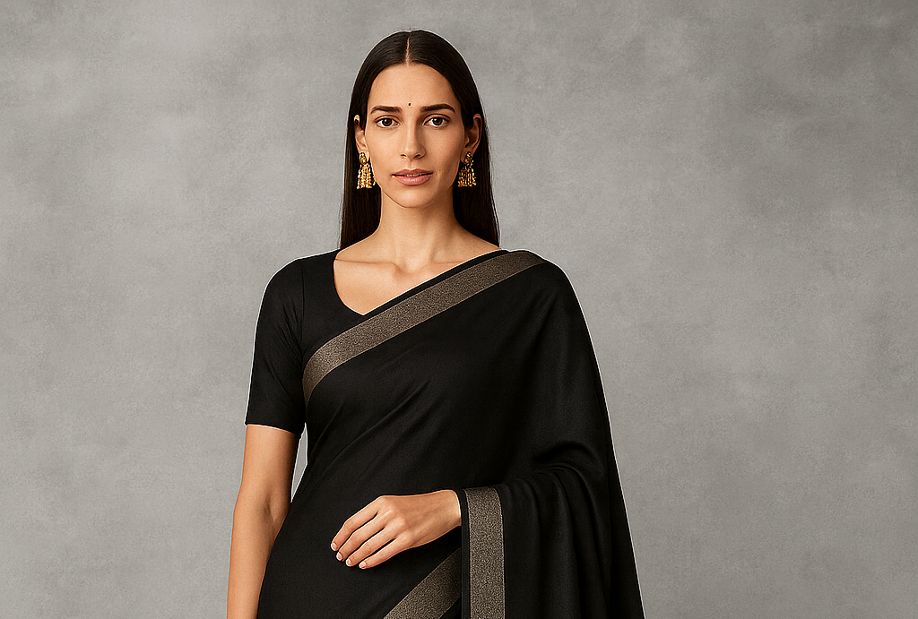 Elegant Black Saree with Subtle Metallic Border