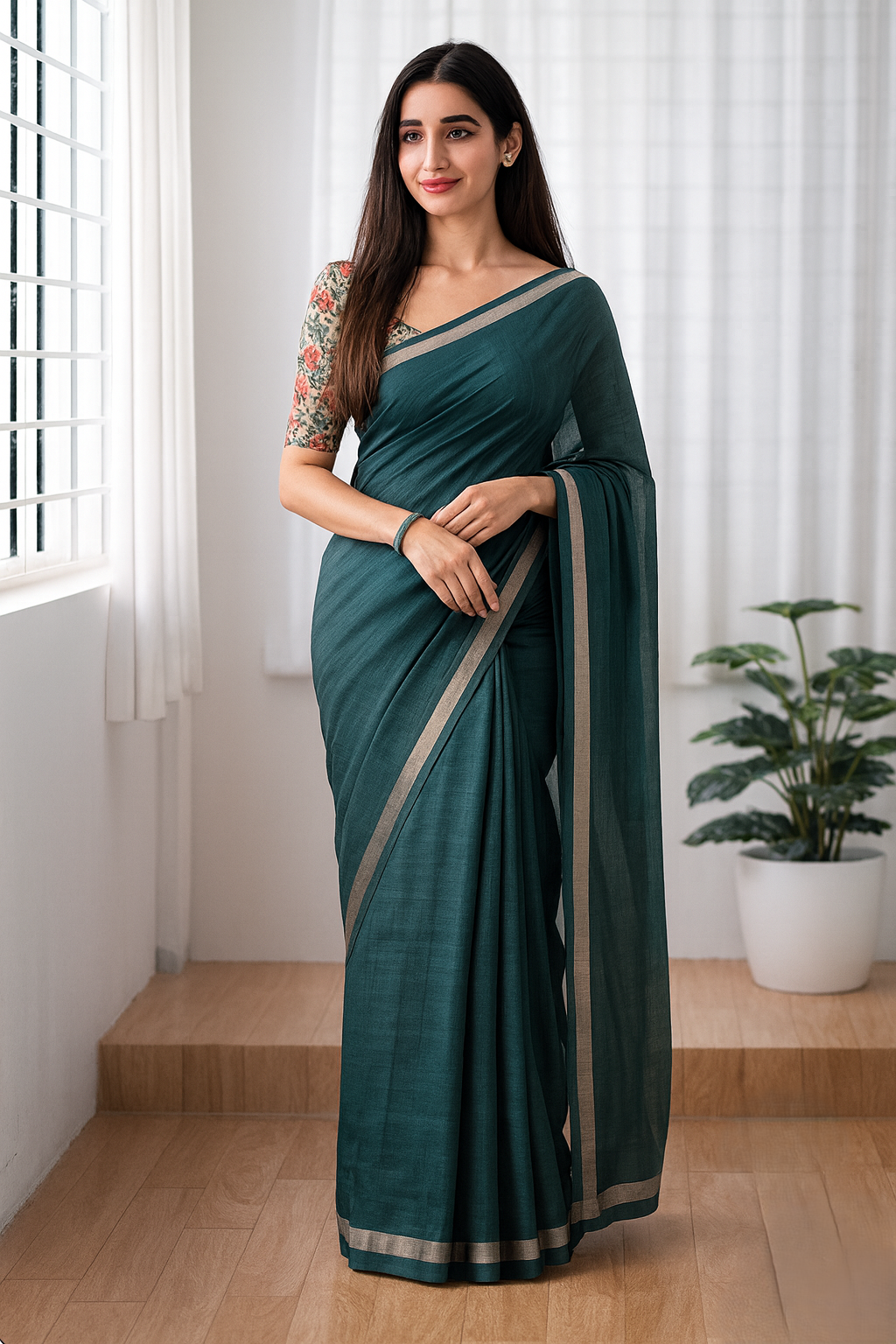 Teal Green Linen Saree with Contrast Border