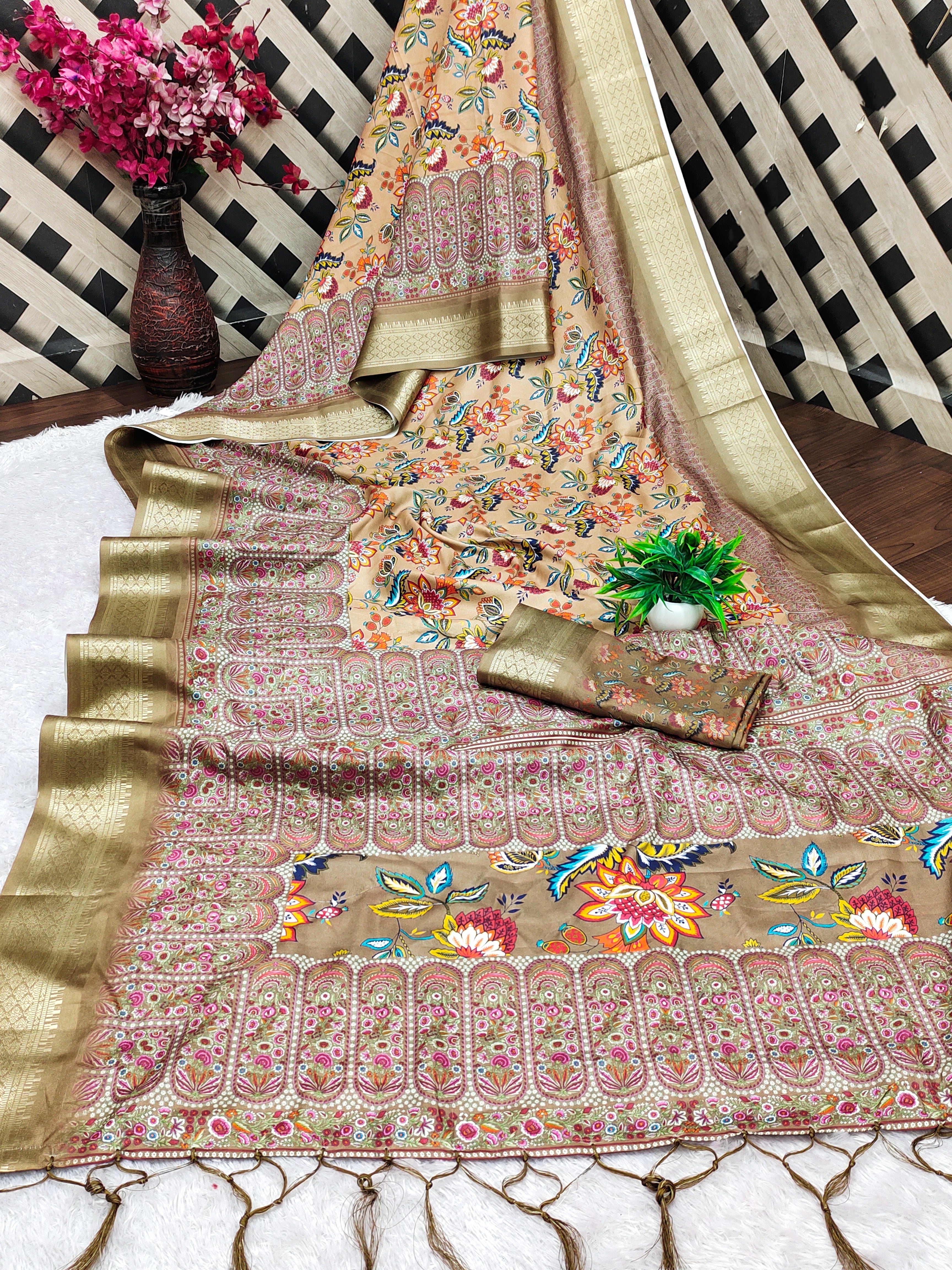 DIGITAL Cotton Silk Saree with Rich Digital Print, Heavy Jacquard Border & Fancy Latkan