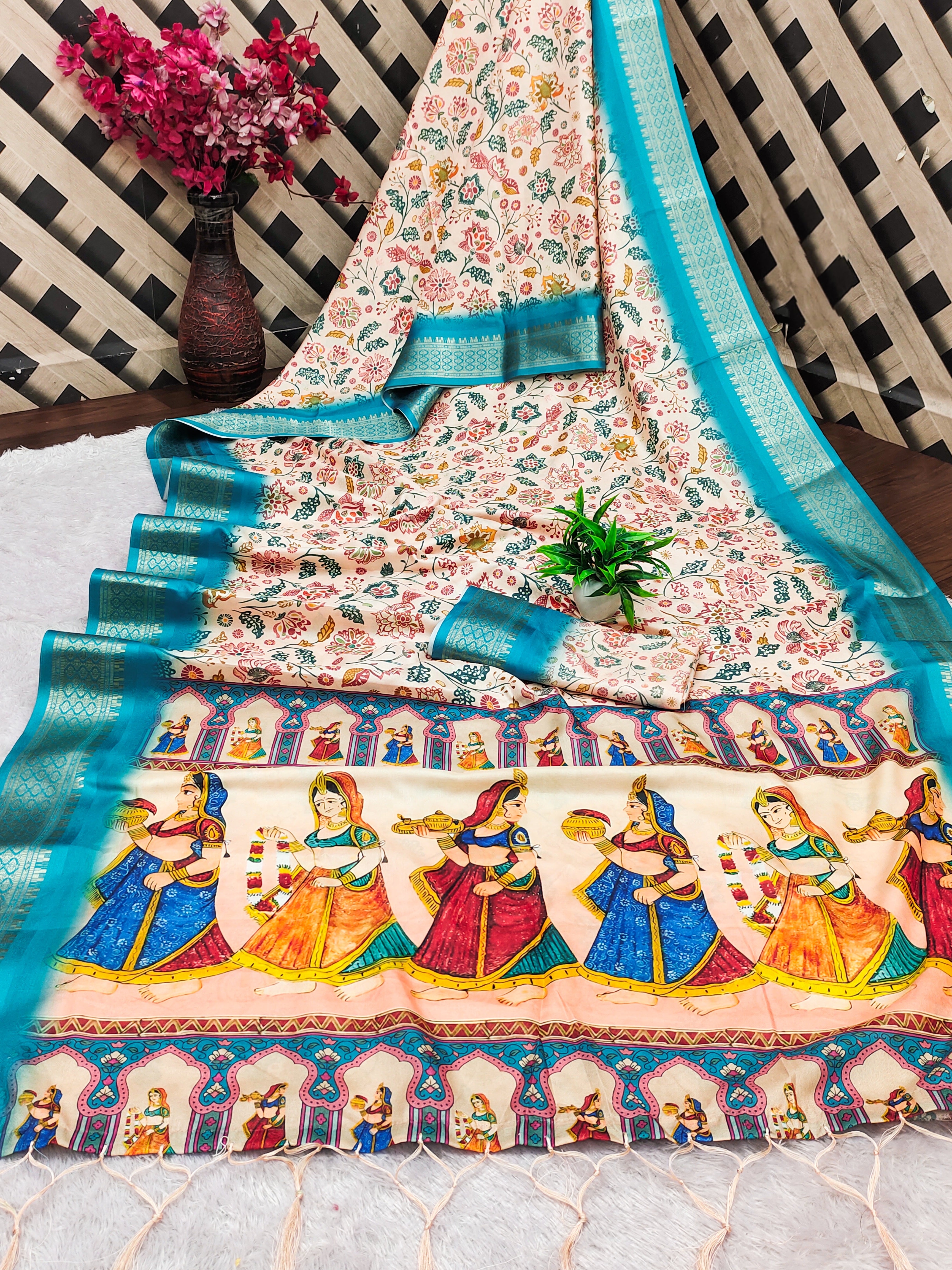 DIGITAL Cotton Silk Saree with Rich Digital Print, Heavy Jacquard Border & Fancy Latkan