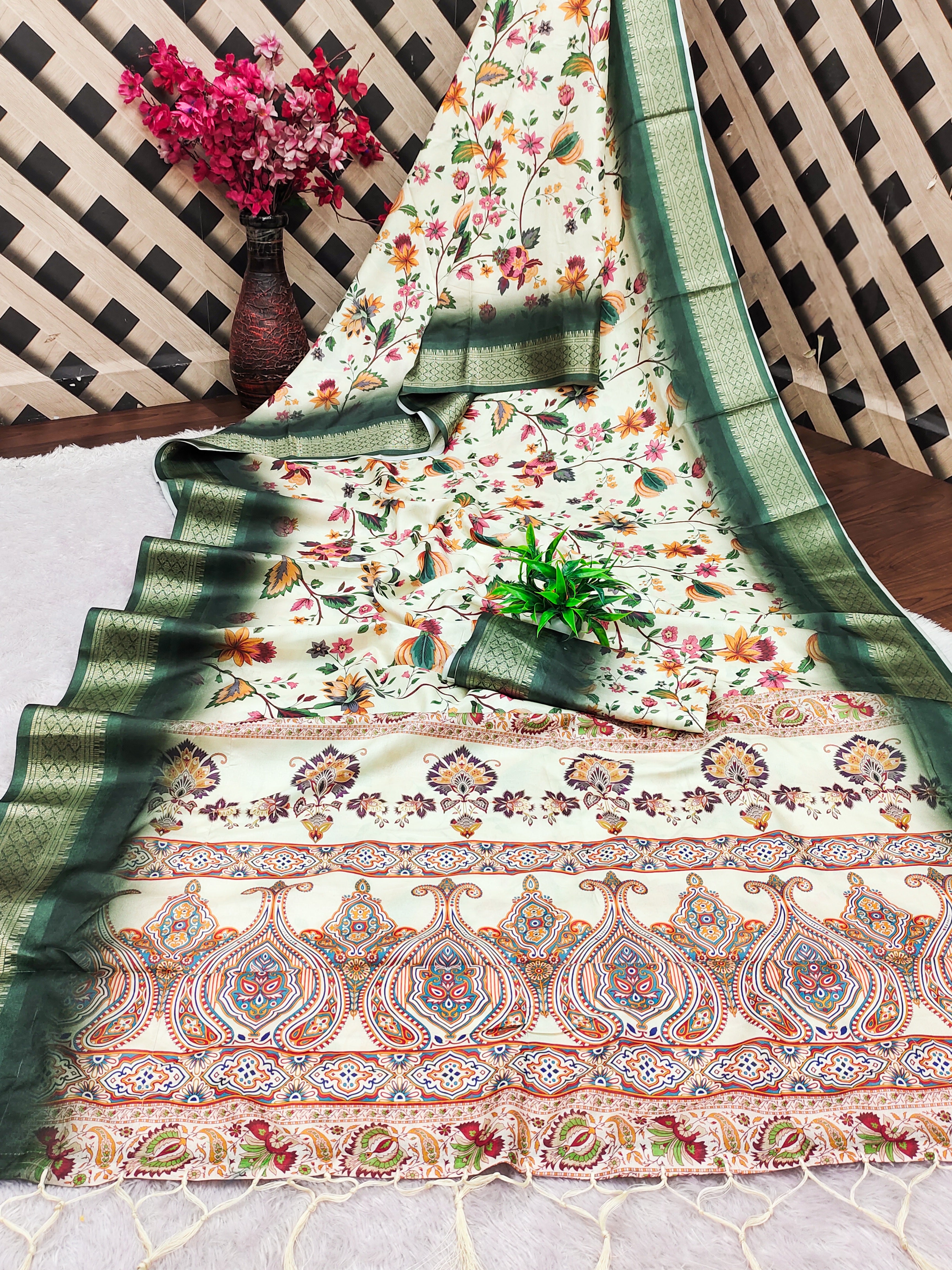 DIGITAL Cotton Silk Saree with Rich Digital Print, Heavy Jacquard Border & Fancy Latkan