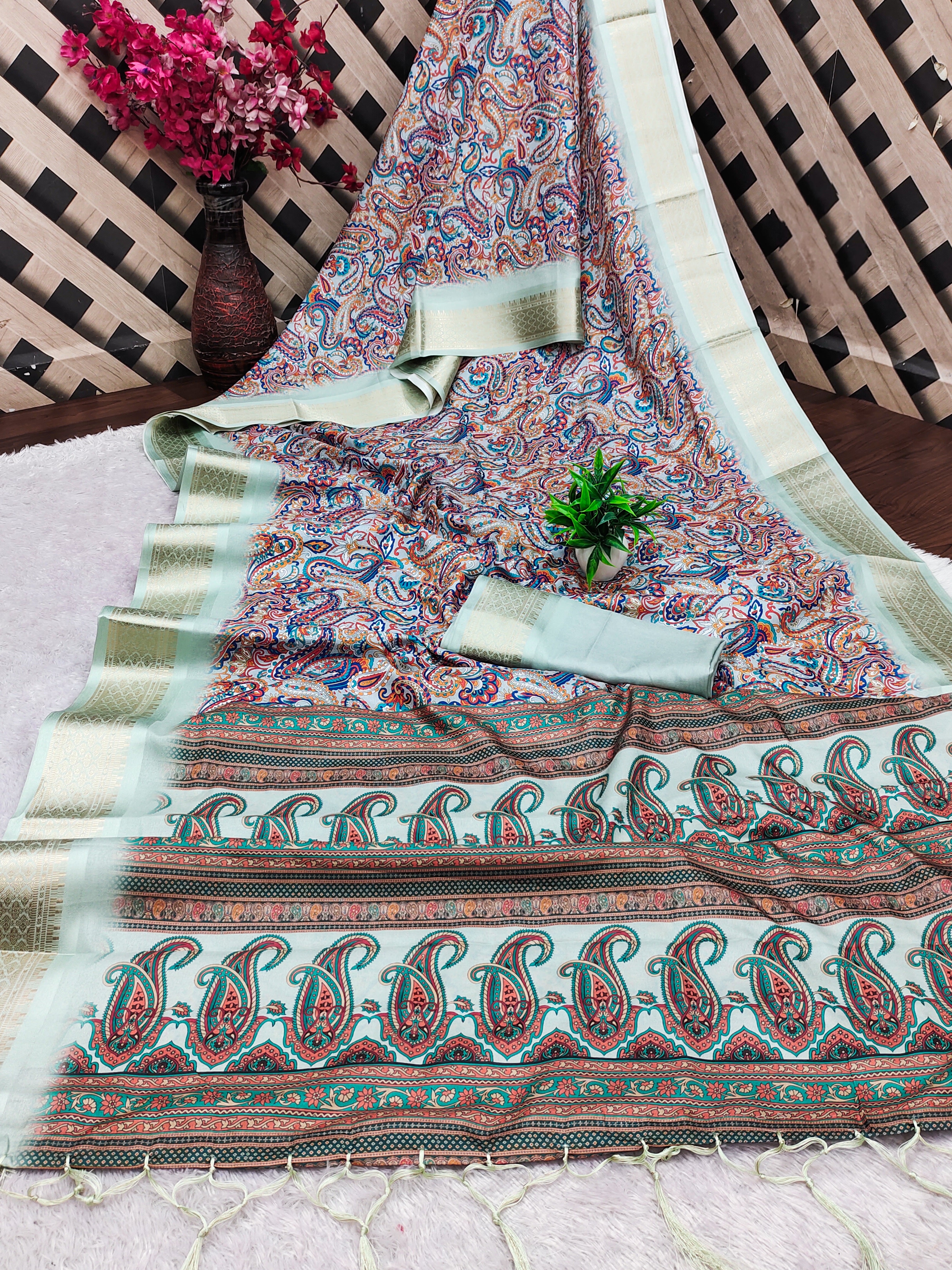 DIGITAL Cotton Silk Saree with Rich Digital Print, Heavy Jacquard Border & Fancy Latkan