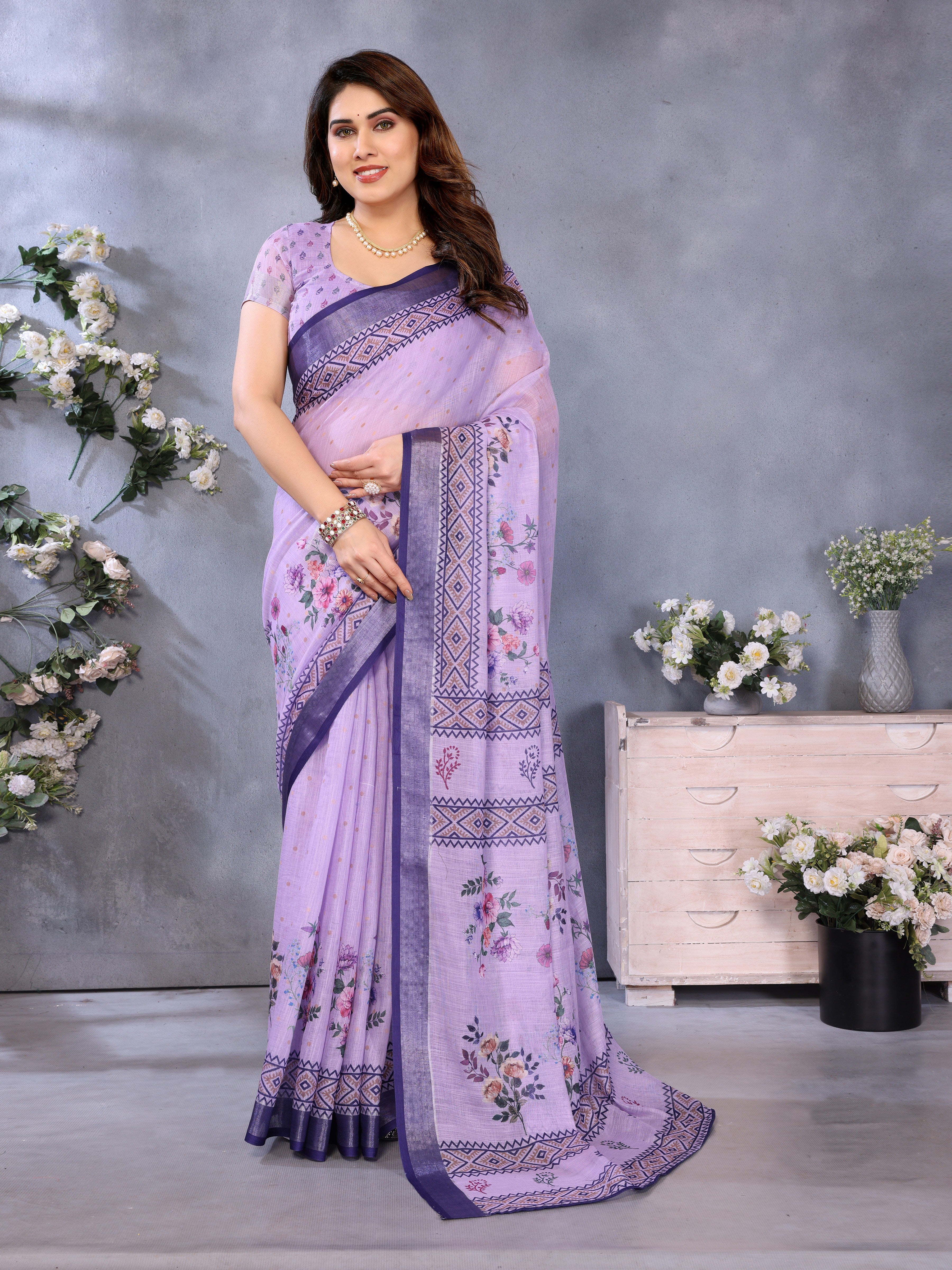 LILEN Handloom Linen Cotton Saree with Digital Print & Zari Border