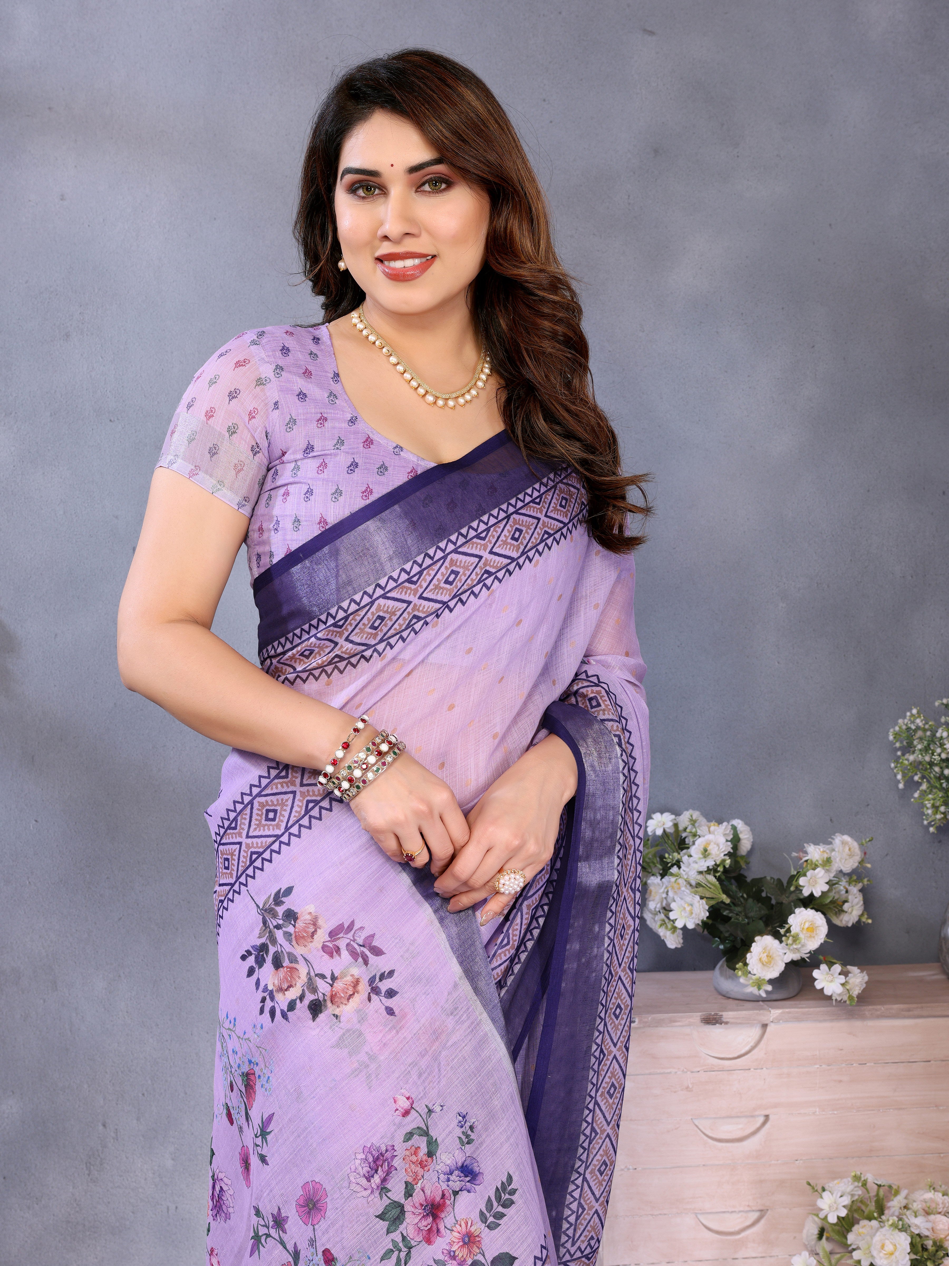 LILEN Handloom Linen Cotton Saree with Digital Print & Zari Border