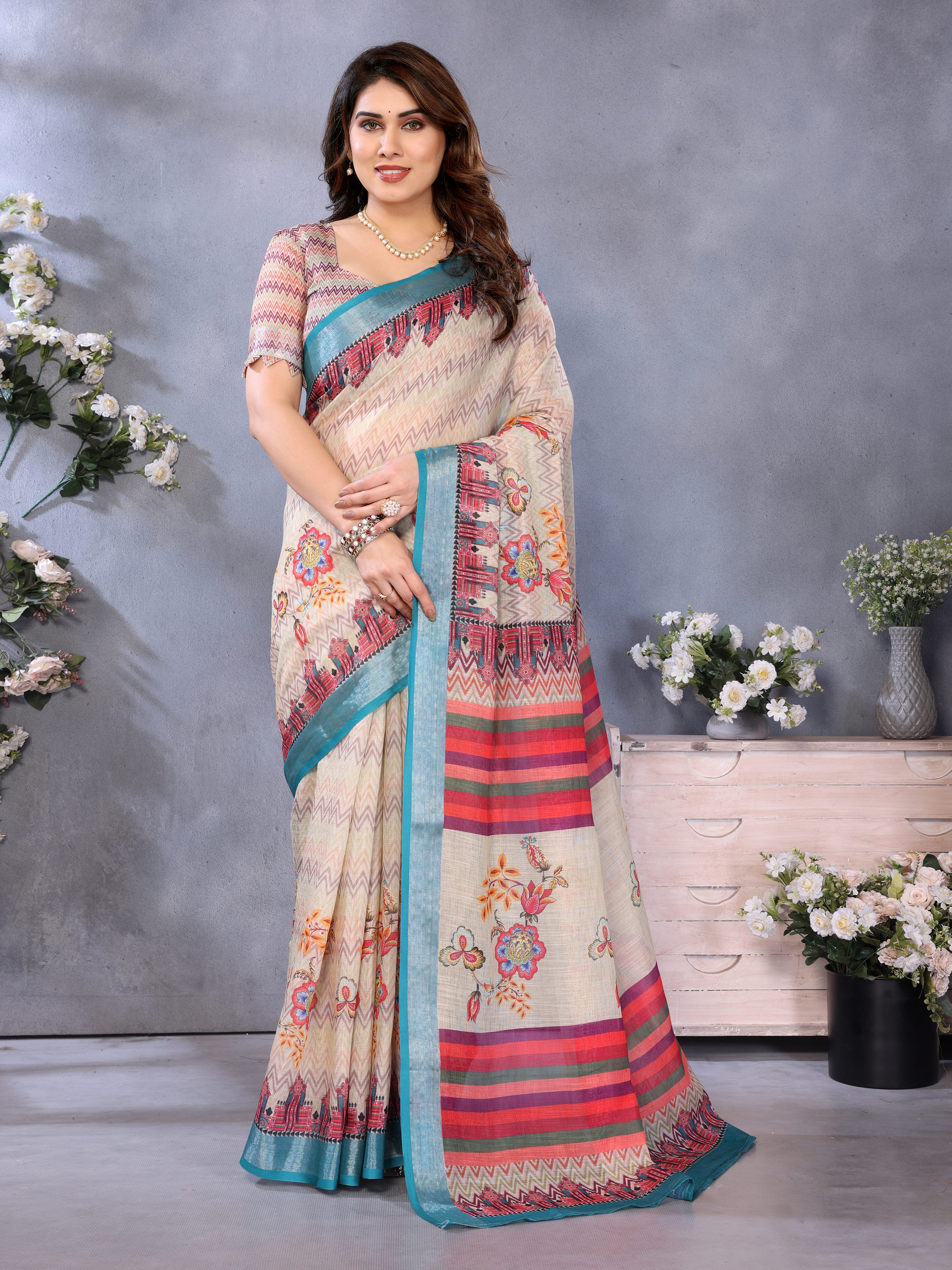 LILEN Handloom Linen Cotton Saree with Digital Print & Zari Border