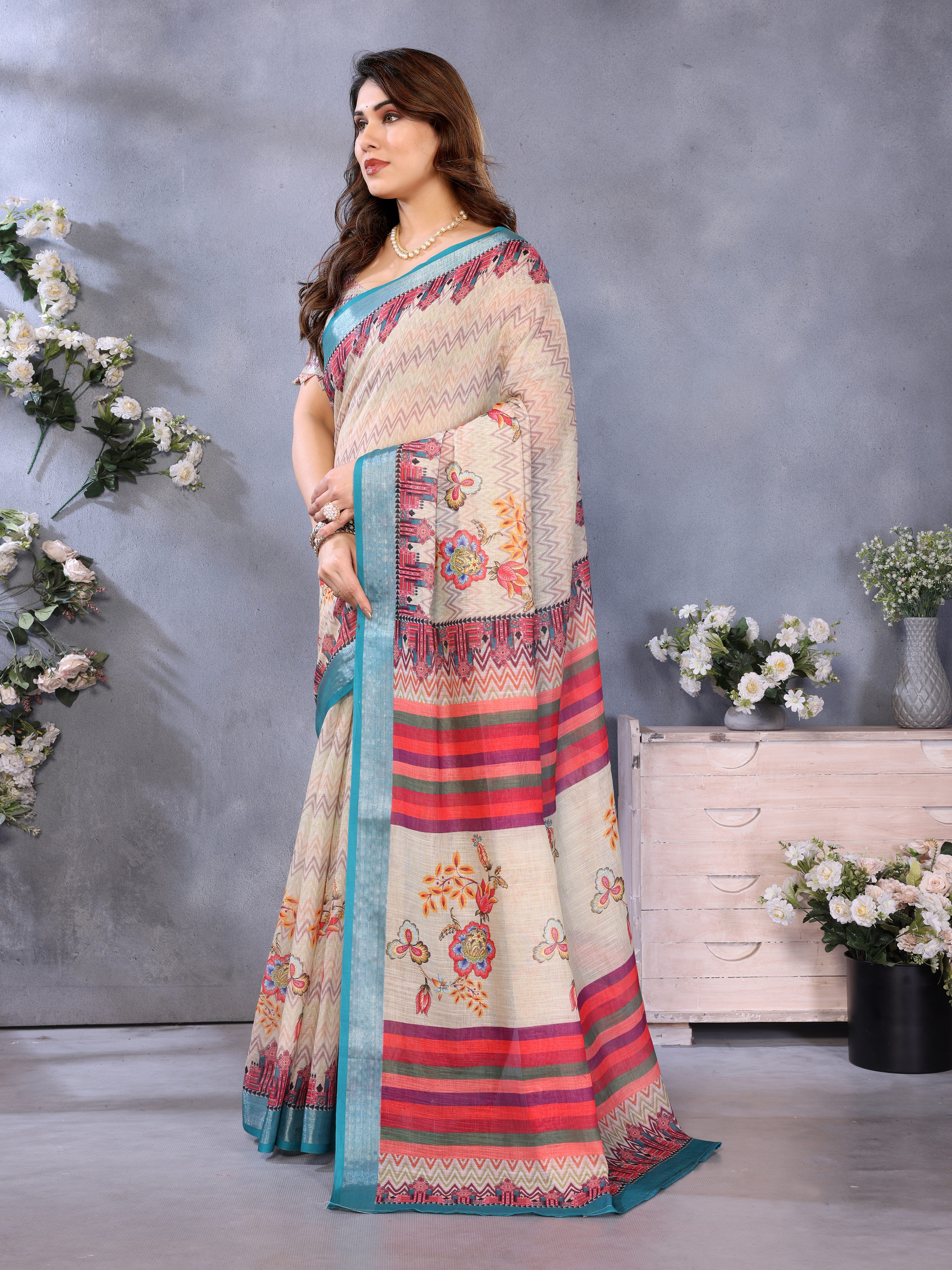 LILEN Handloom Linen Cotton Saree with Digital Print & Zari Border