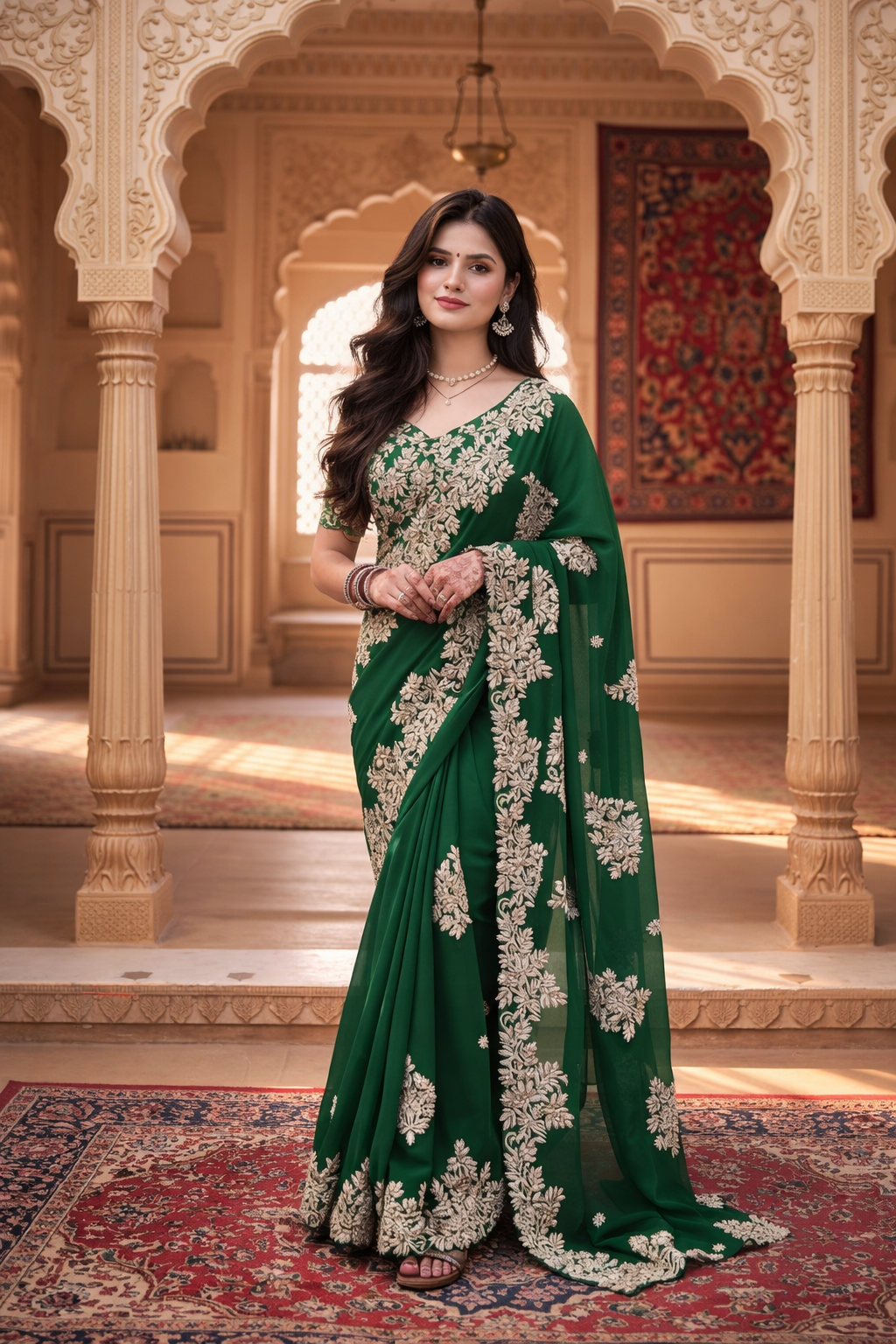 Bottle Green Heavy Floral Embroidered Saree