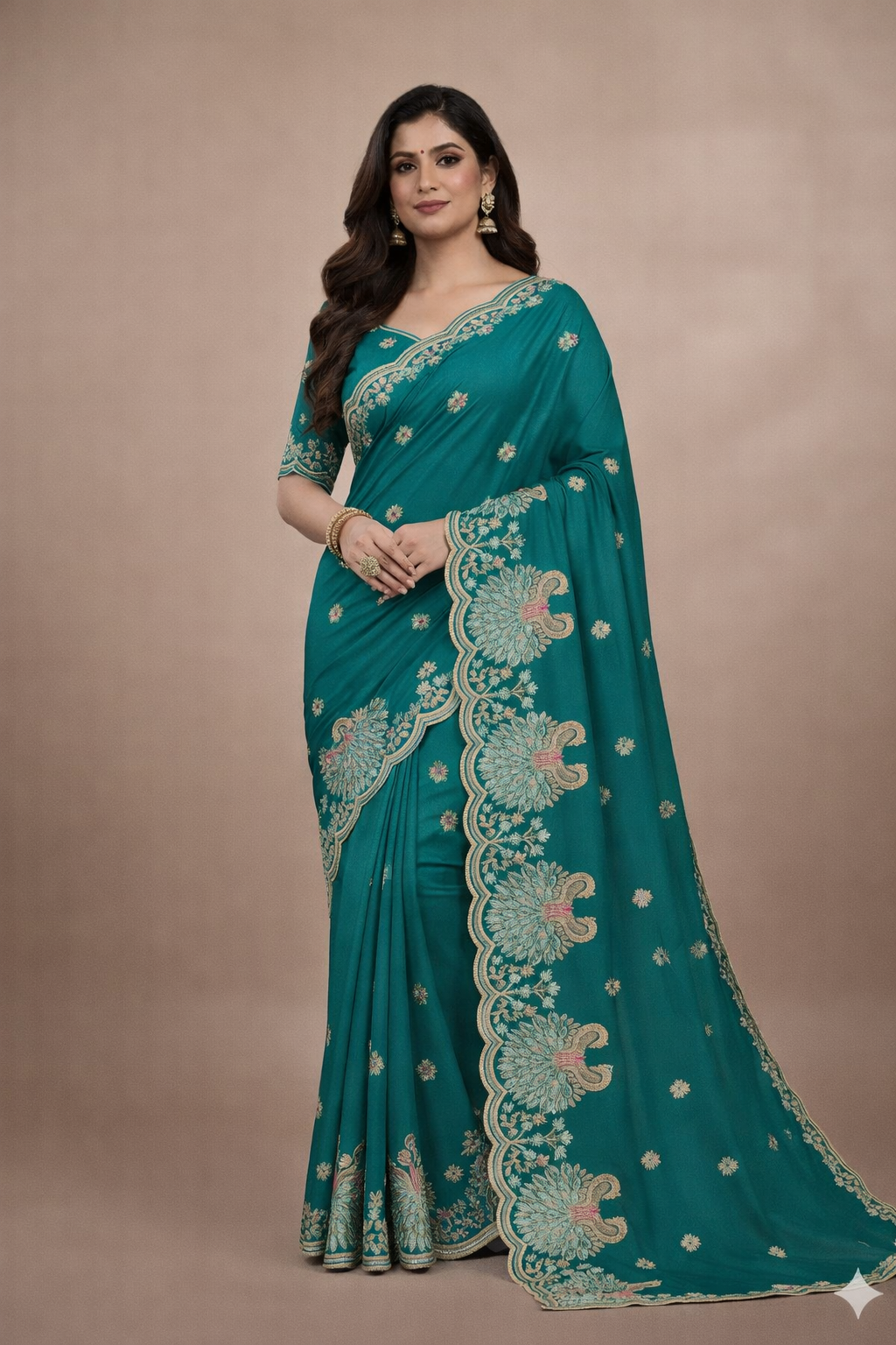 Teal Green Embroidered Saree with Peacock Designer Border