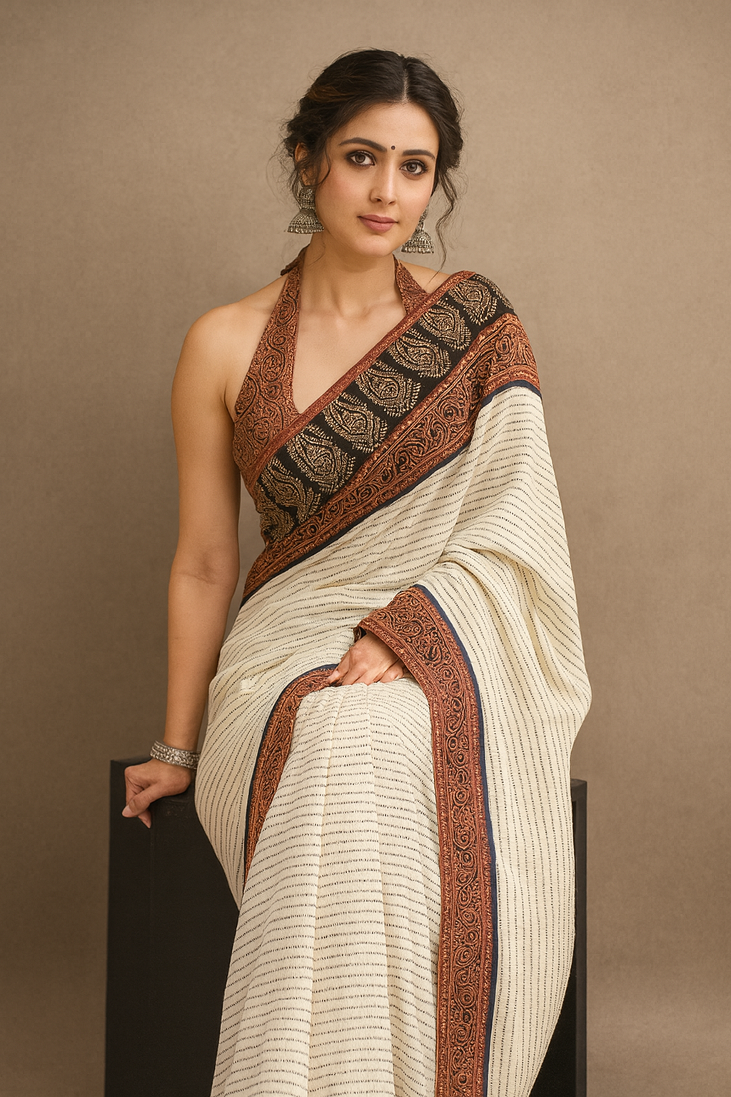 Ivory Linen Saree with Antique Brown Paisley Border
