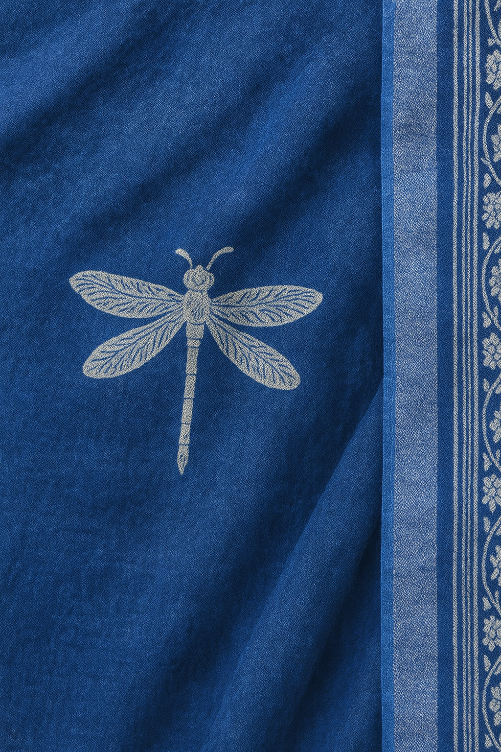 Indigo Blue Linen Saree with White Floral Motifs