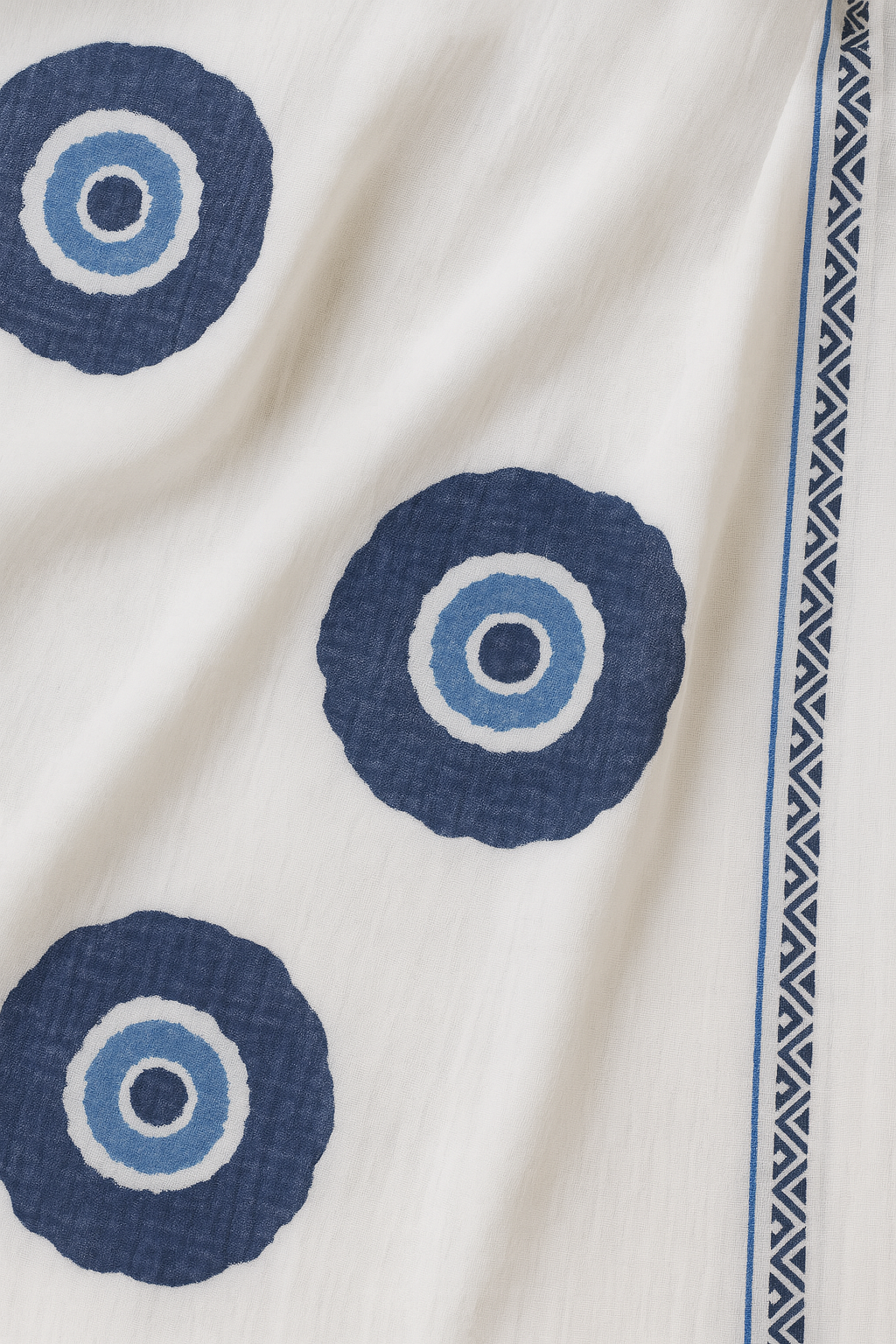 White Linen Saree with Navy Blue Circular Motifs & Zig-Zag Border