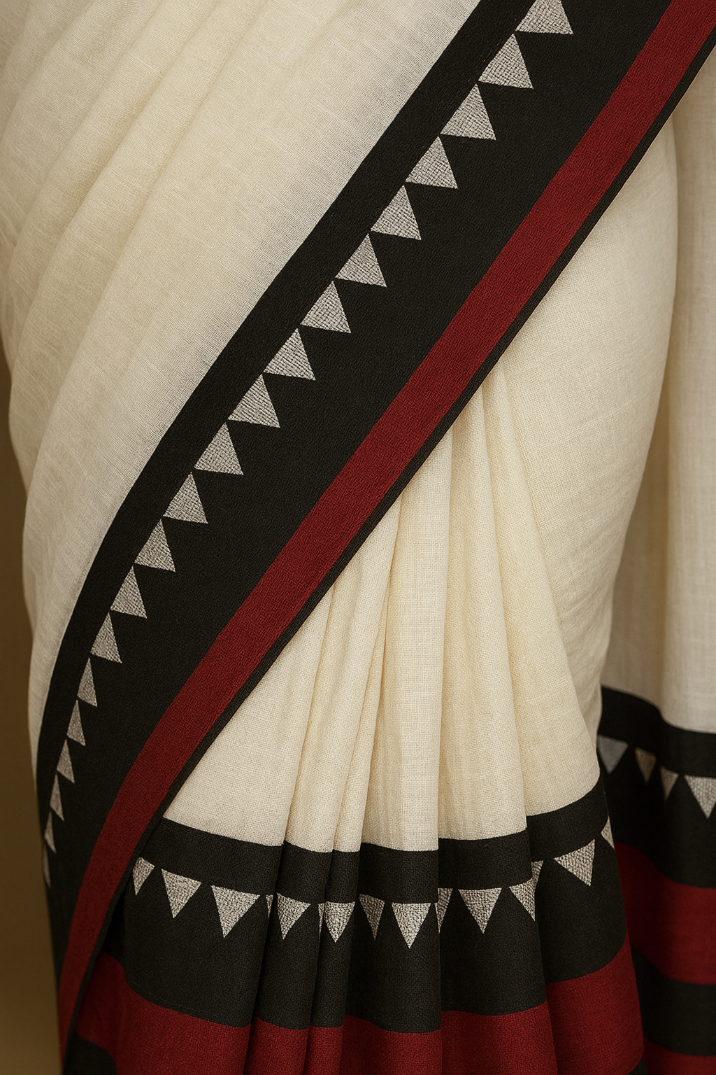 Linen Saree with Black & Maroon Geometric Border