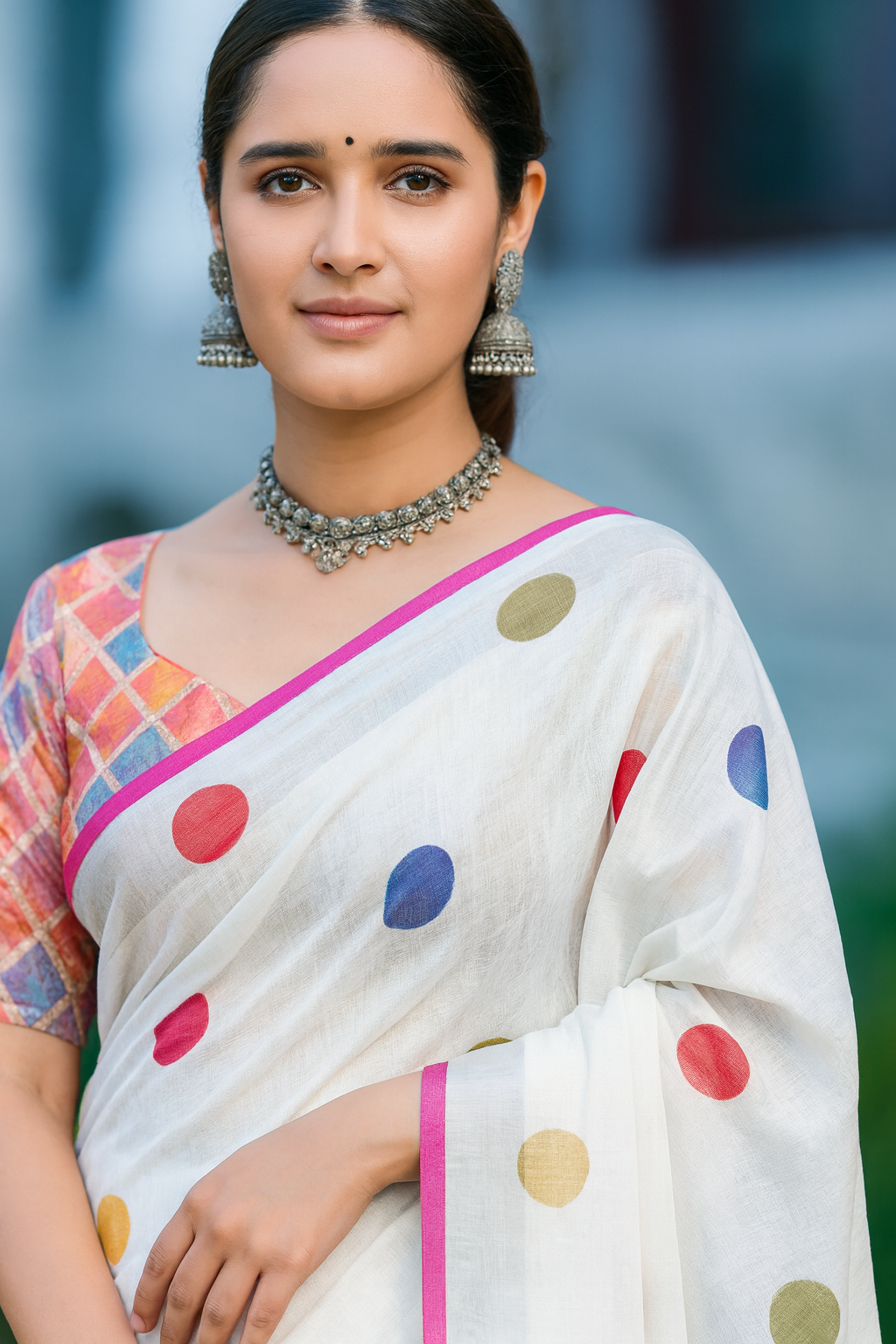 White Cotton Linen Polka Dot Saree with Pink Border