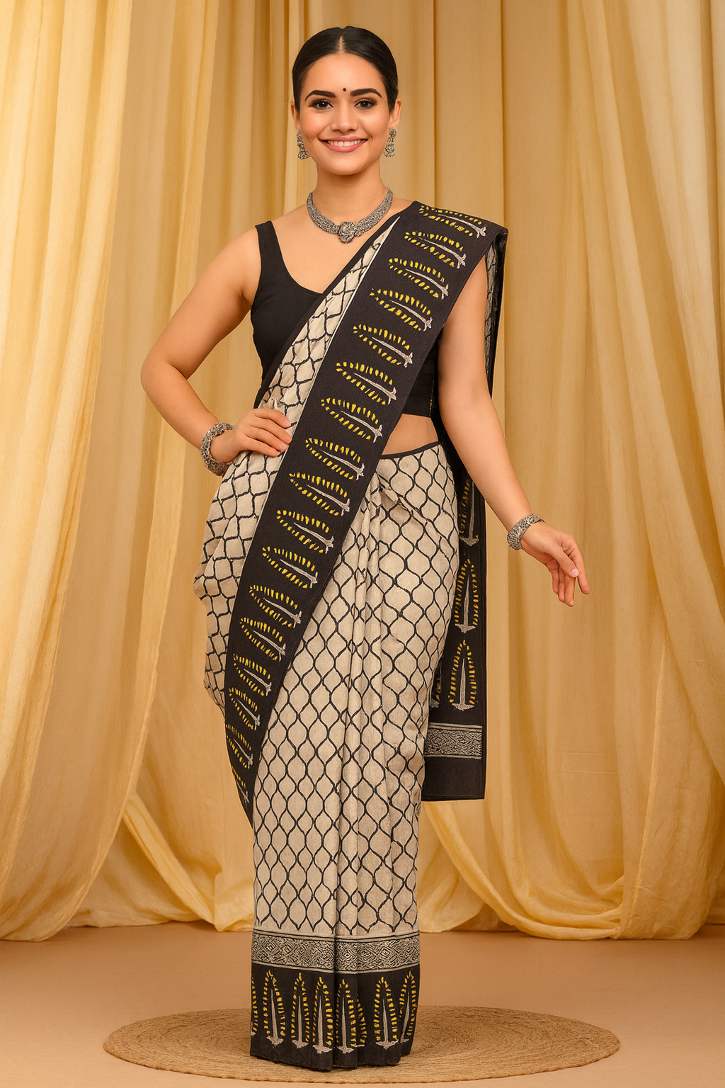 Black & Beige Linen Cotton Printed Saree